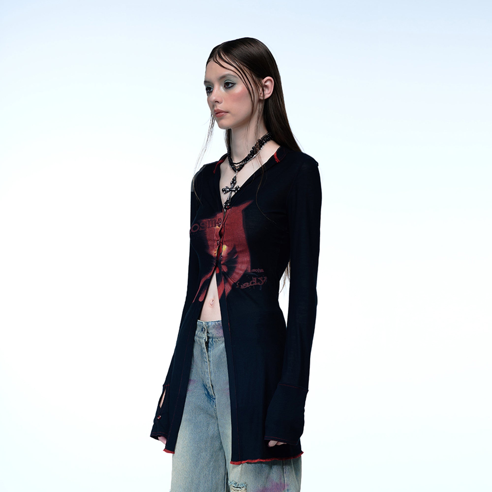 EMOHA Cosmo Lady Sheer Cinched Longline Shirt