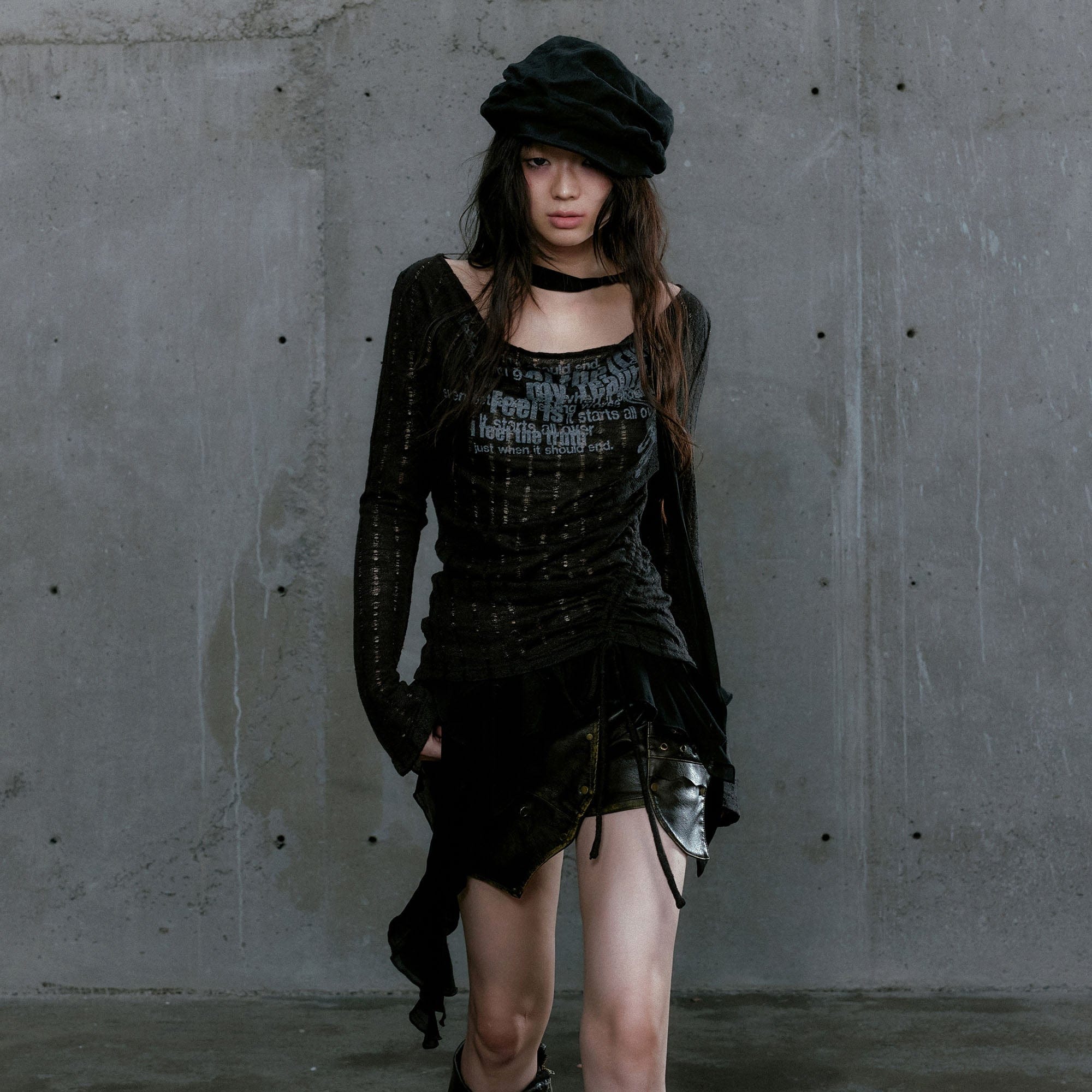 CESTNOUS Distressed Graphic Mesh-Hem Top