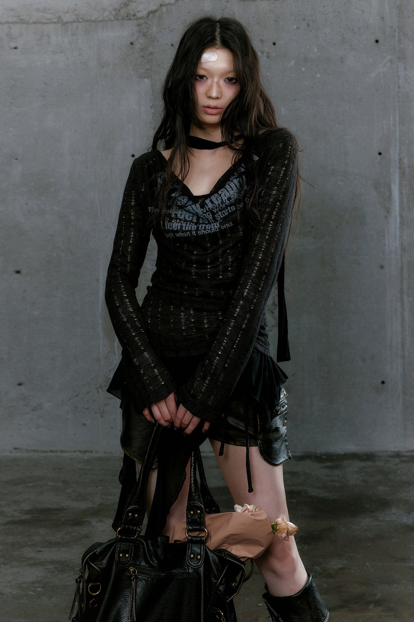 CESTNOUS Distressed Graphic Mesh-Hem Top