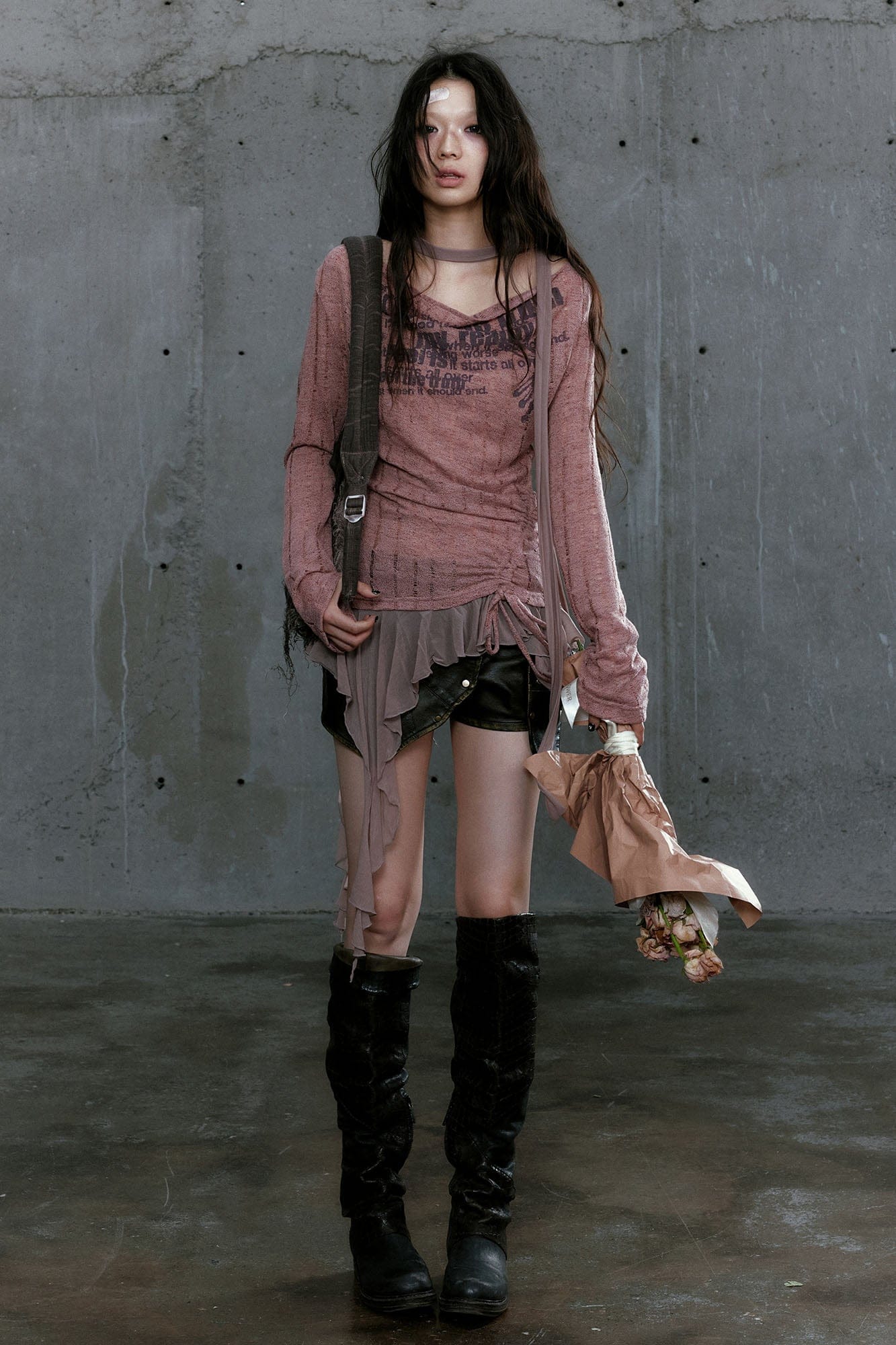 CESTNOUS Distressed Graphic Mesh-Hem Top