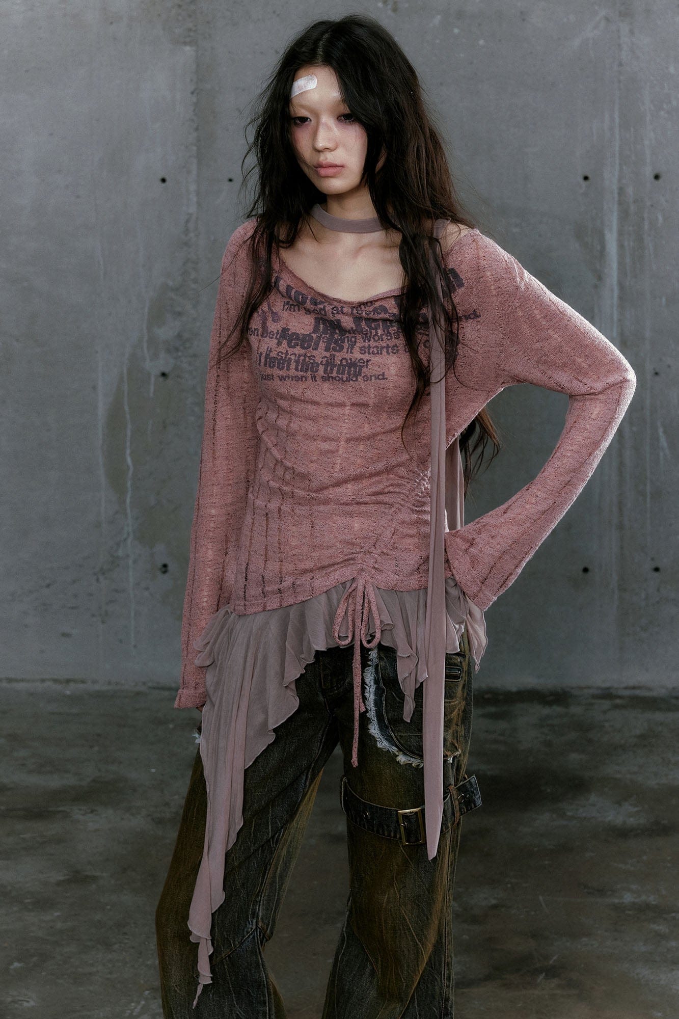 CESTNOUS Distressed Graphic Mesh-Hem Top