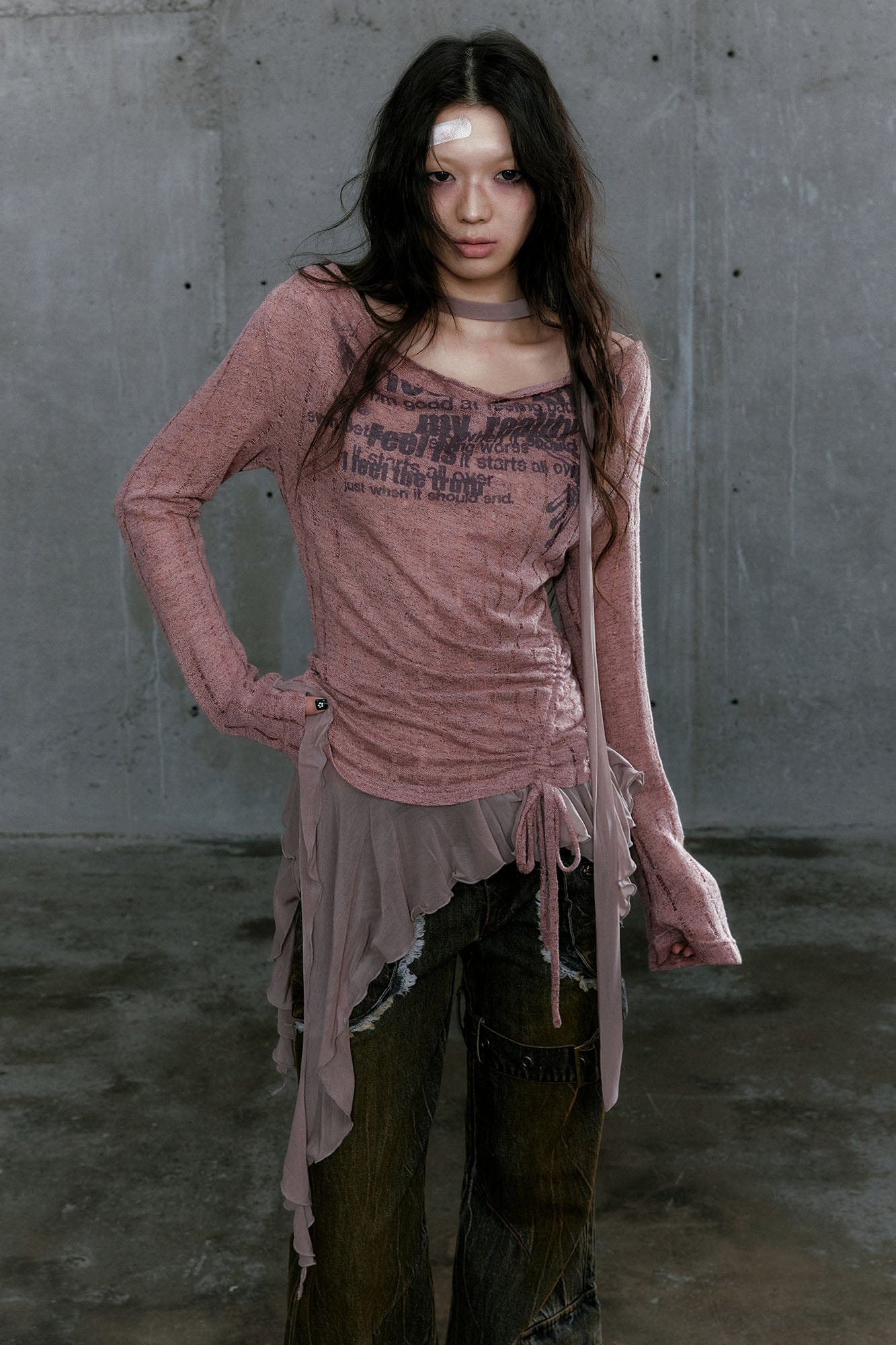 CESTNOUS Distressed Graphic Mesh-Hem Top