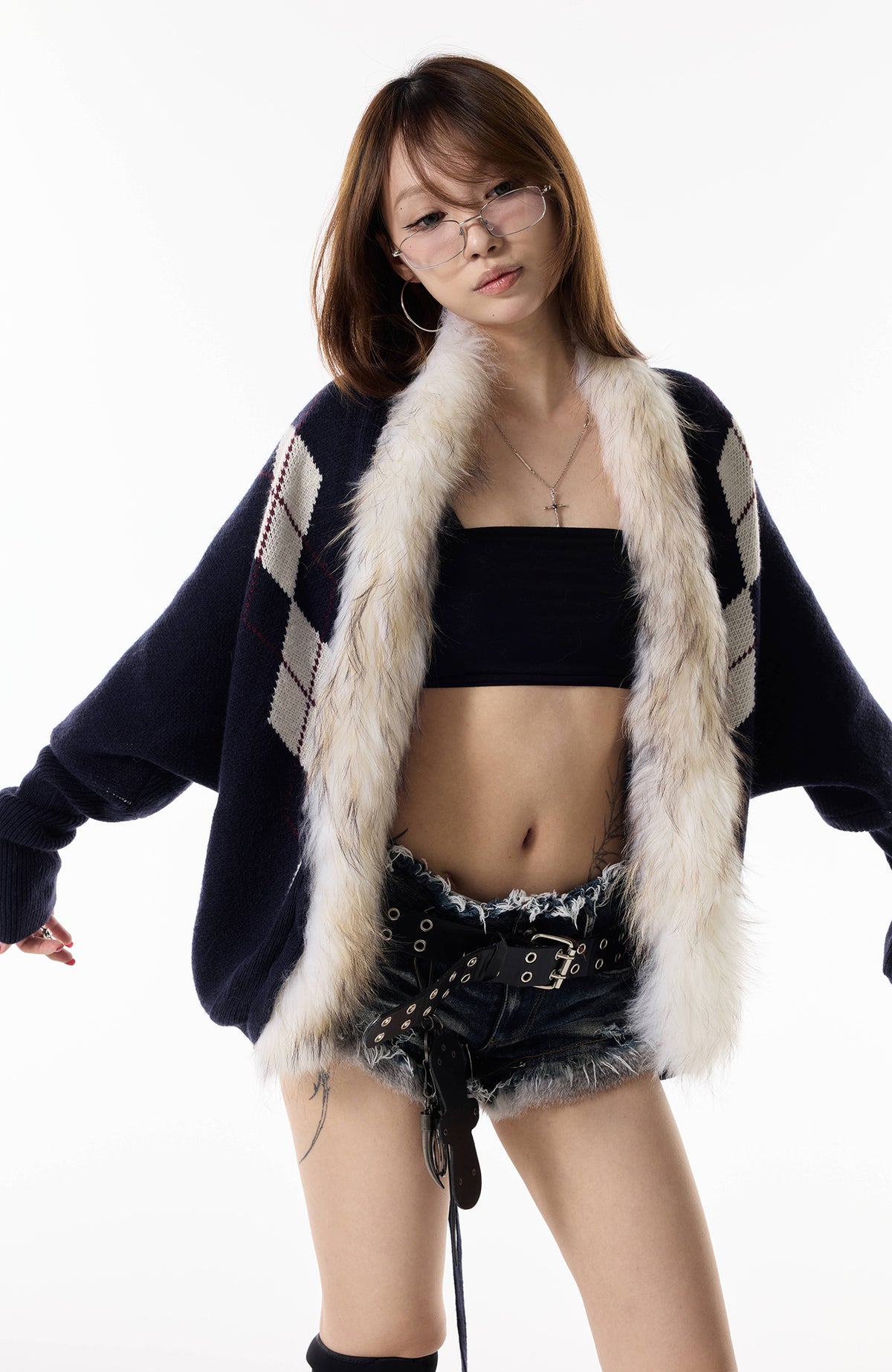 3MODE Argyle Ribbed Fur-Collar Cardigan