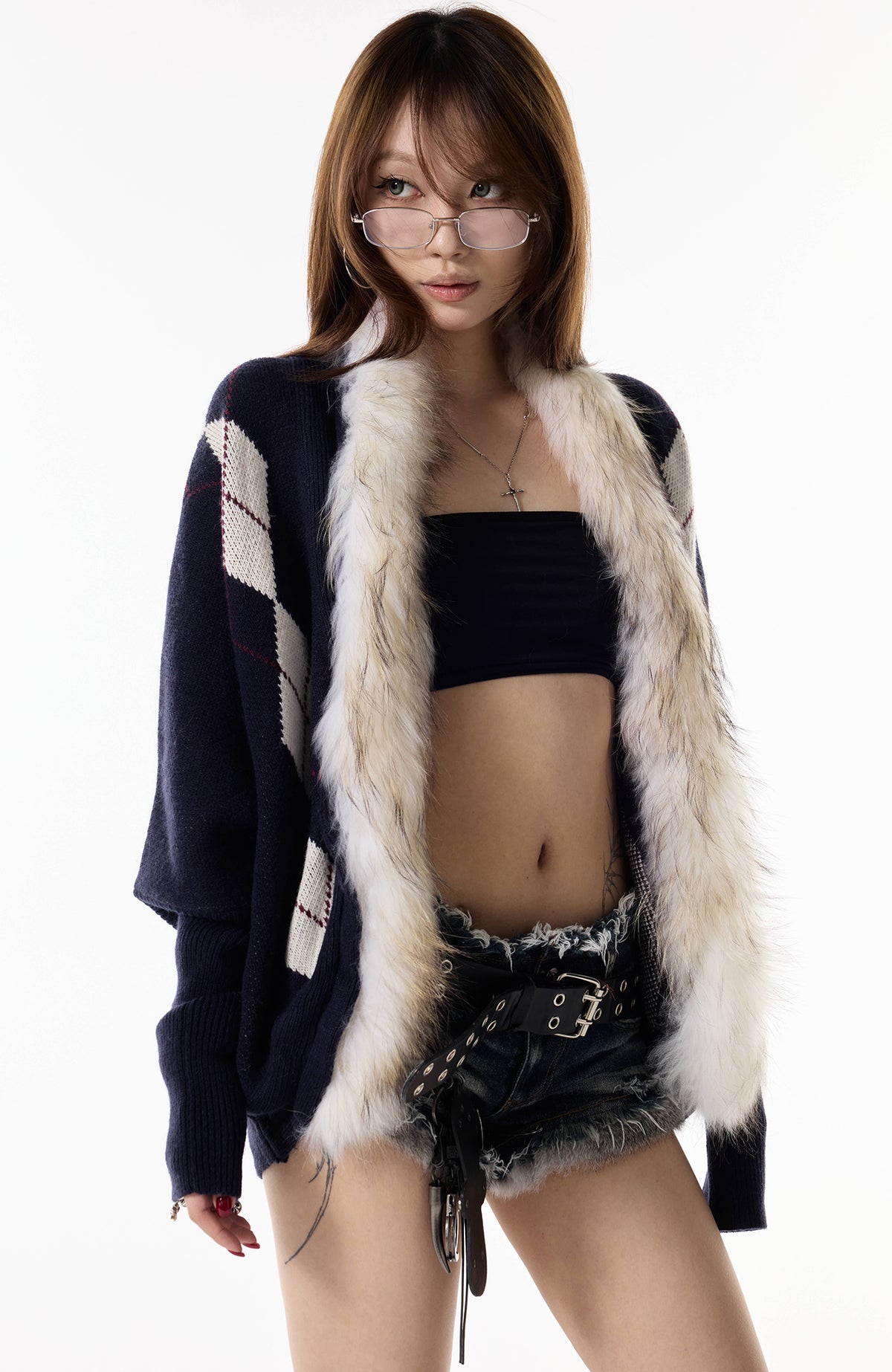 3MODE Argyle Ribbed Fur-Collar Cardigan