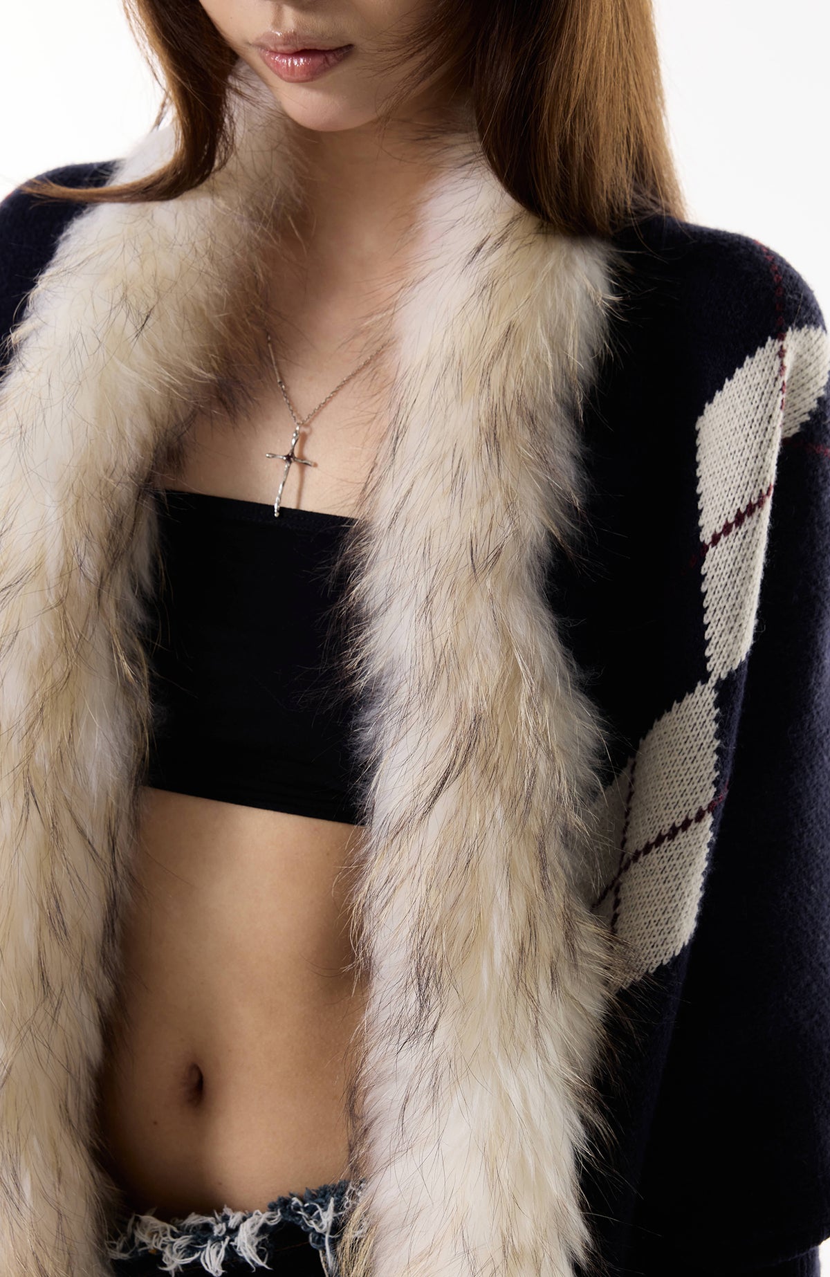 3MODE Argyle Ribbed Fur-Collar Cardigan