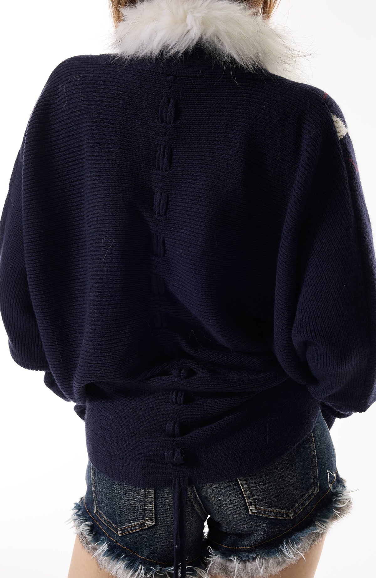 3MODE Argyle Ribbed Fur-Collar Cardigan