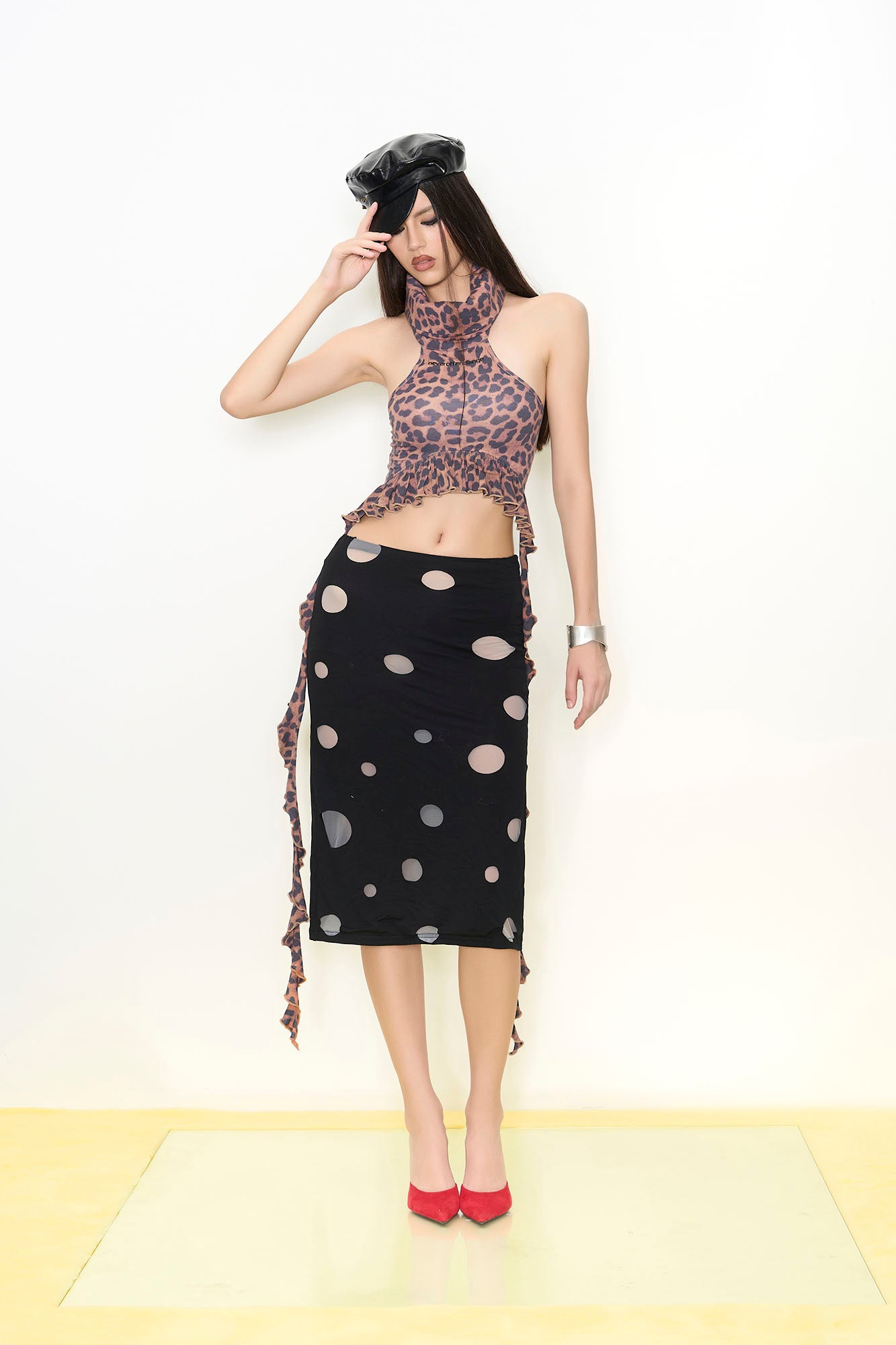 NEVER OFFEND L ANGEL Leopard Ruched High-Neck Cut-Out Halter Top