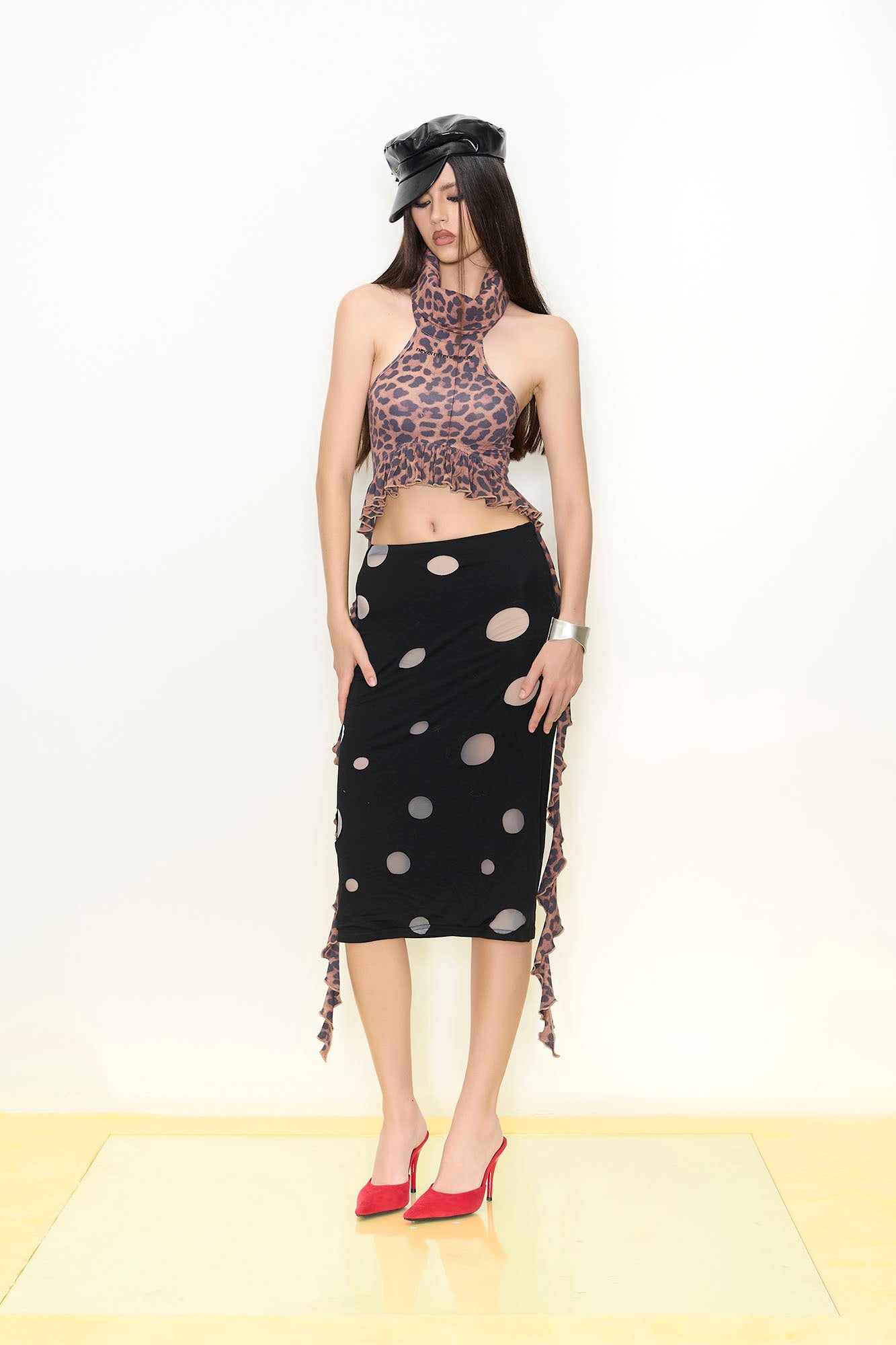 NEVER OFFEND L ANGEL Leopard Ruched High-Neck Cut-Out Halter Top