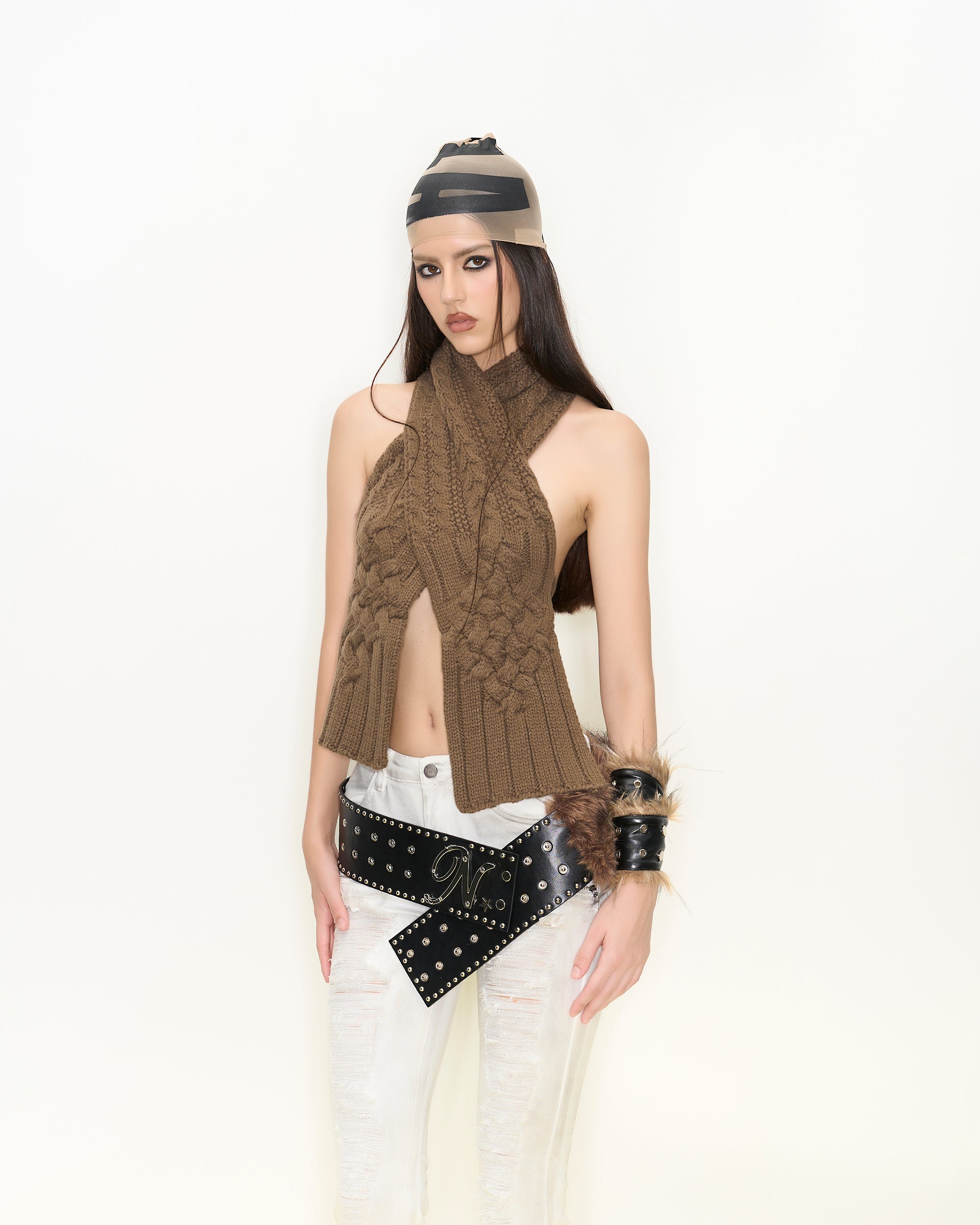 NEVER OFFEND L ANGEL Convertible Cable Knit Halter Vest