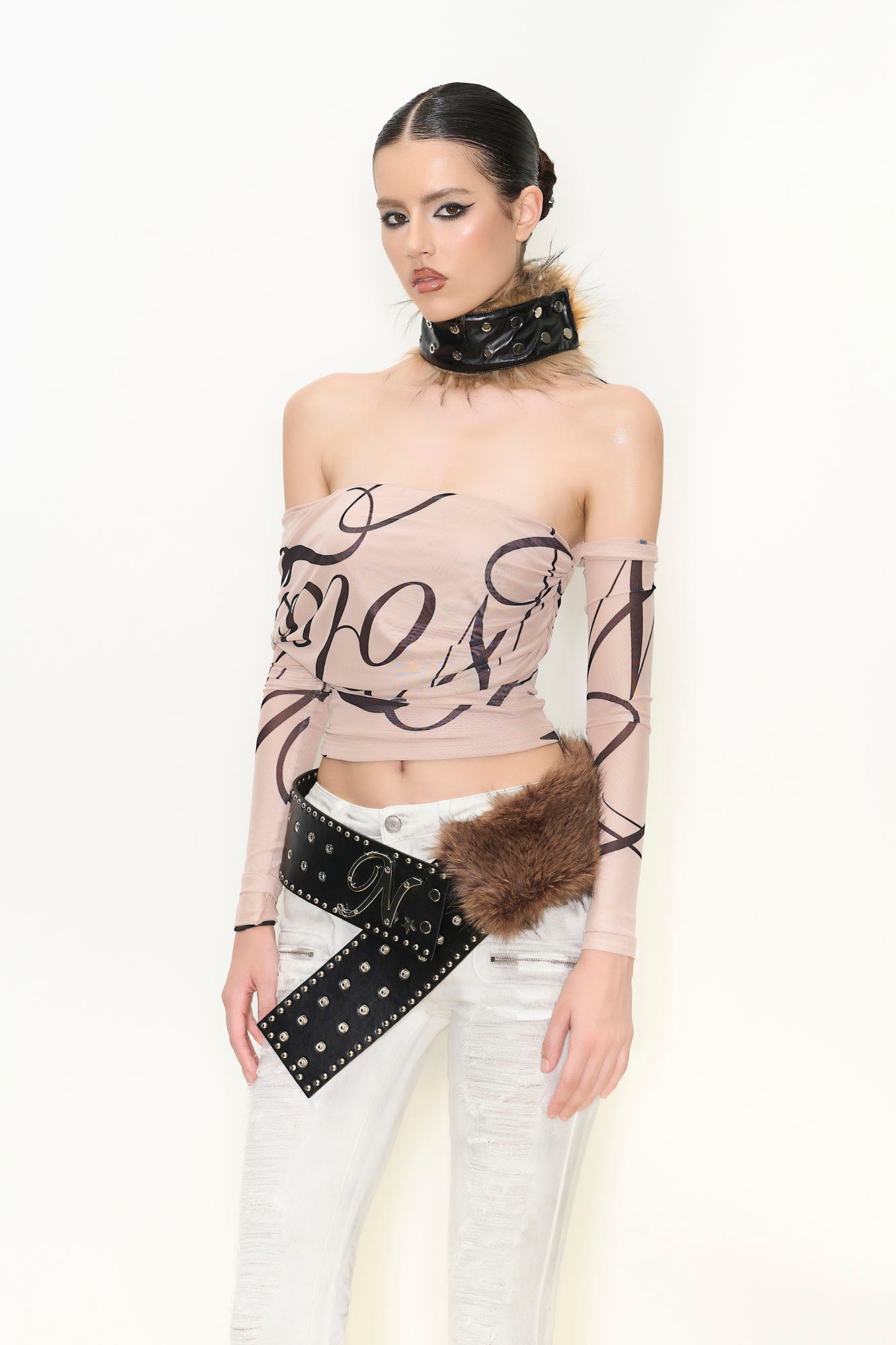 NEVER OFFEND L ANGEL Studded Faux Leather & Faux Fur Belt