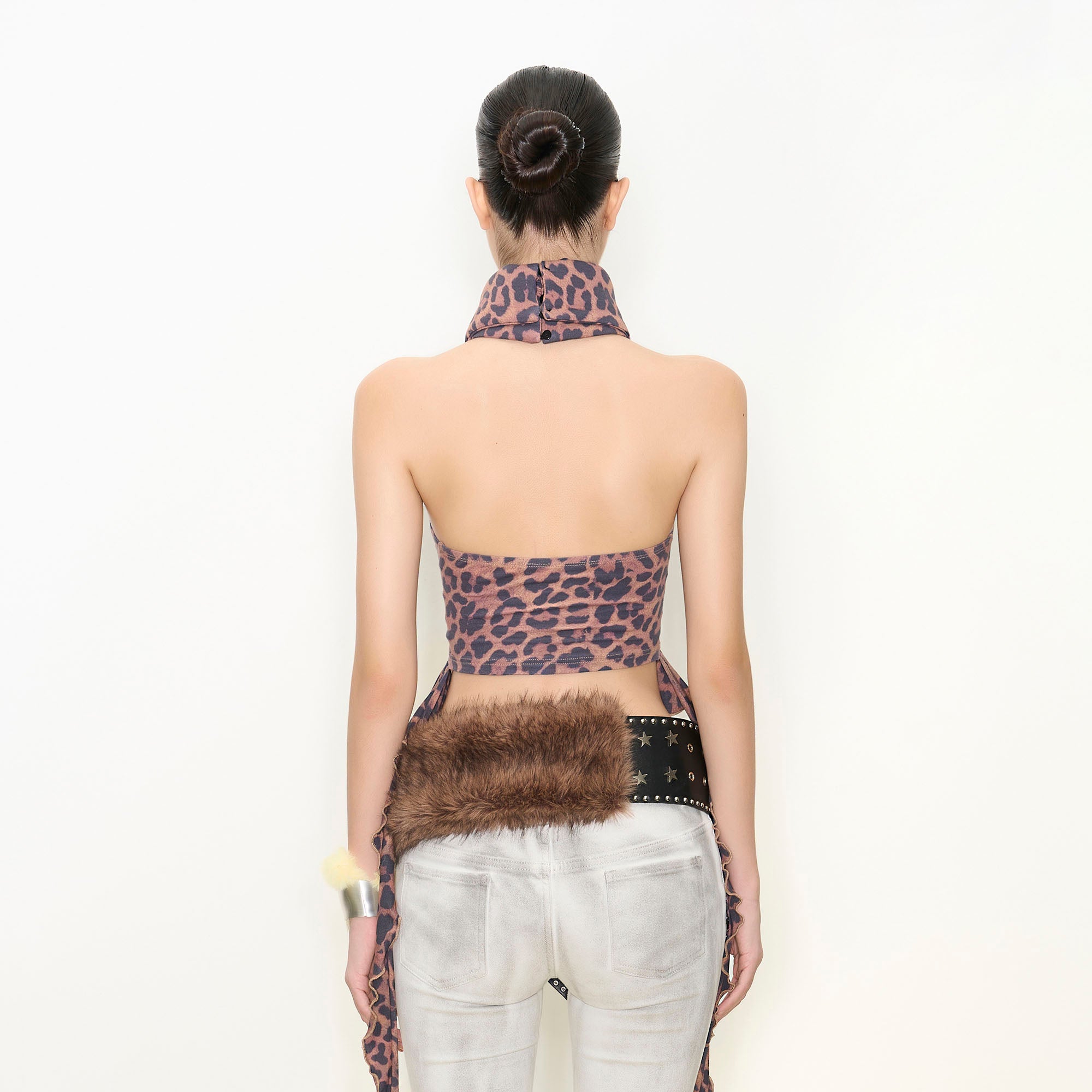 NEVER OFFEND L ANGEL Leopard Ruched High-Neck Cut-Out Halter Top