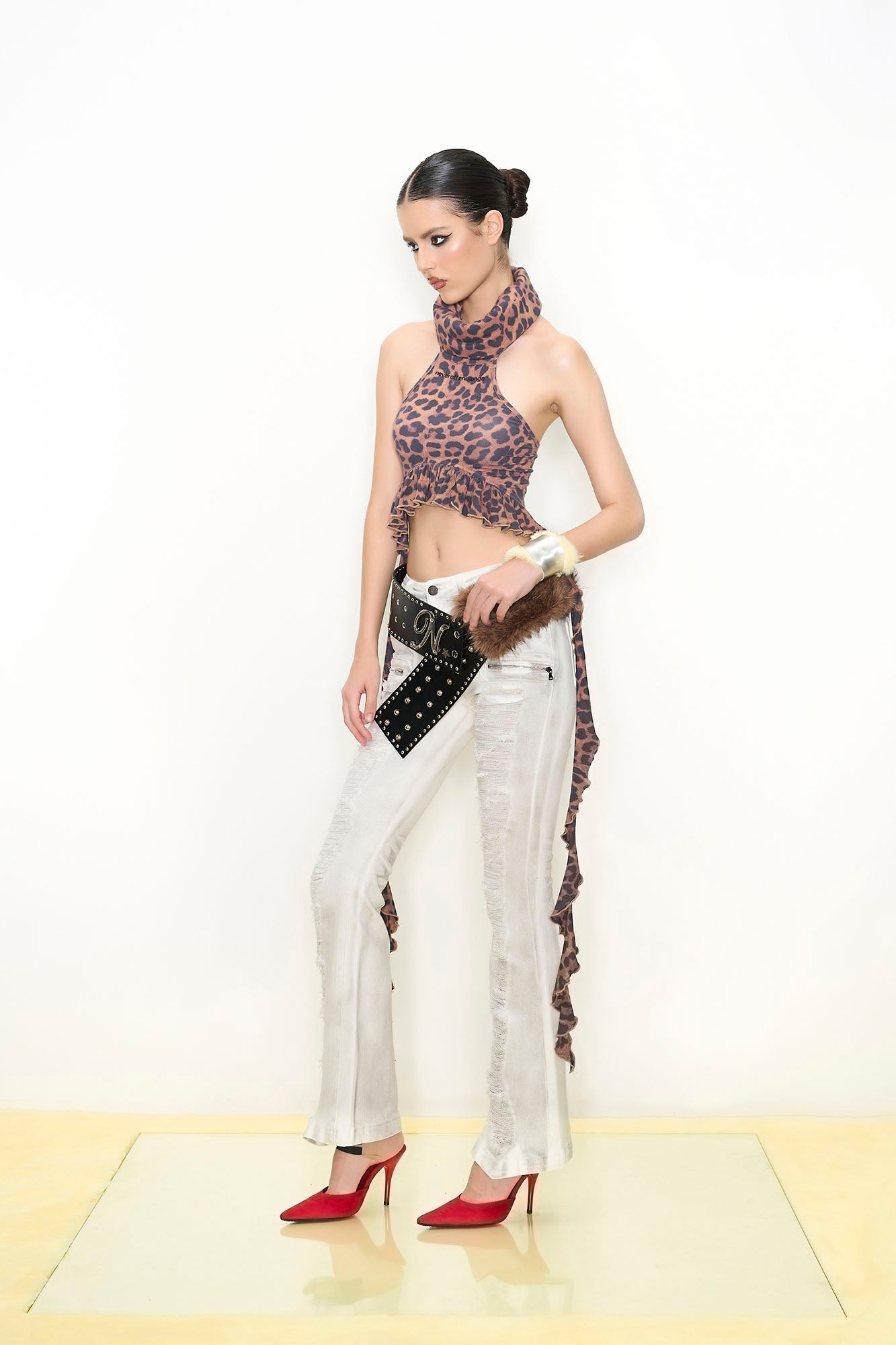 NEVER OFFEND L ANGEL Leopard Ruched High-Neck Cut-Out Halter Top