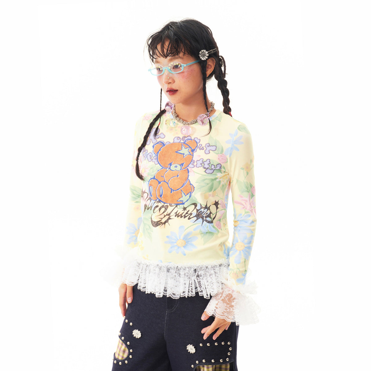 SILLYSIS Bear Graphic Lace-Trim Long-Sleeve Tee