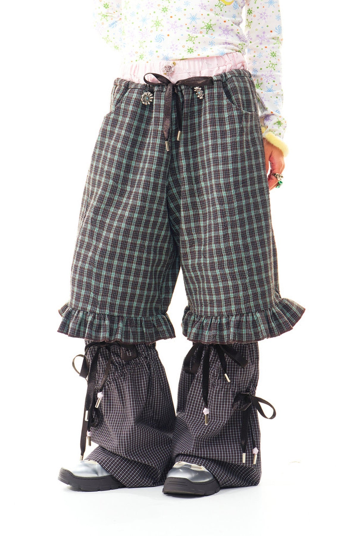 SILLYSIS Plaid Drawstring Wide-Leg Pants — half body