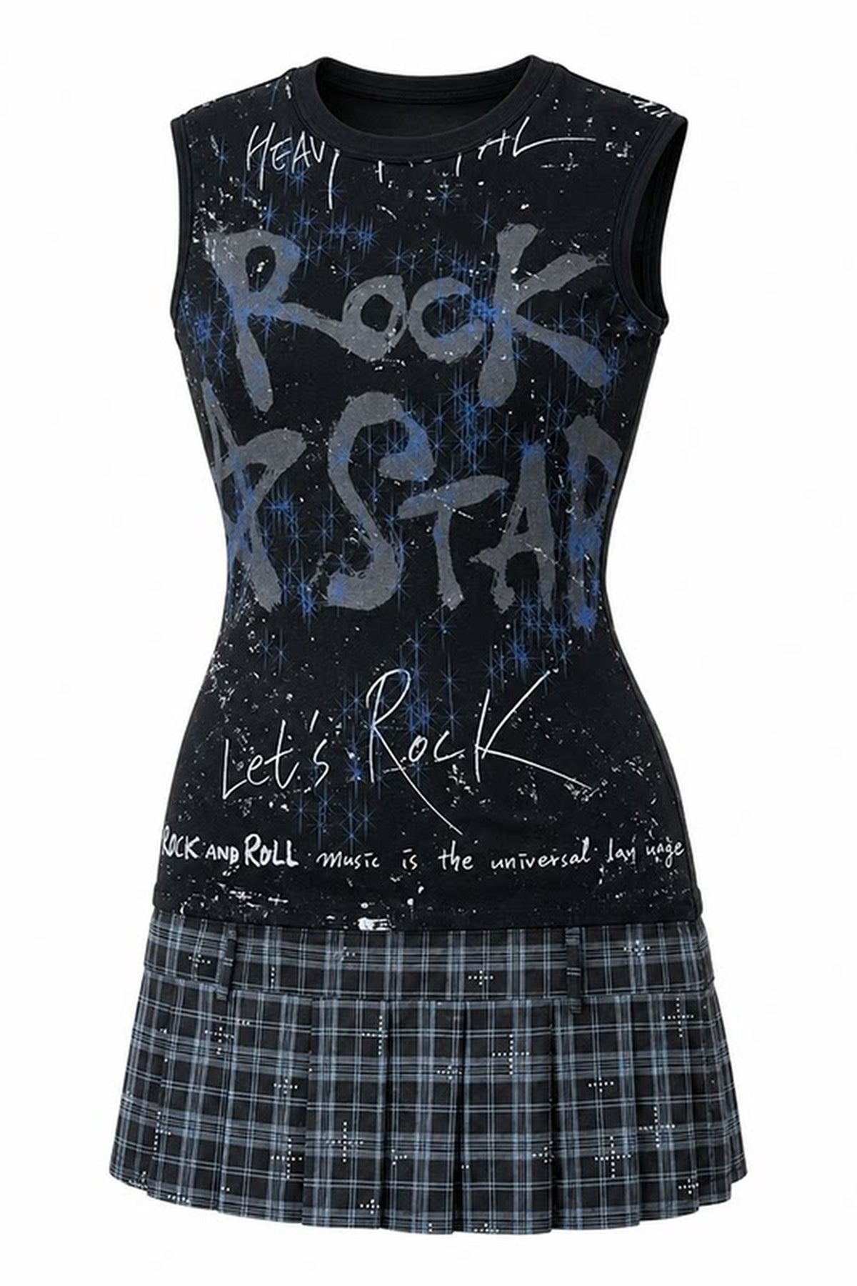 EMOHA Plaid Spliced Graphic Sleeveless Dress — flat lay