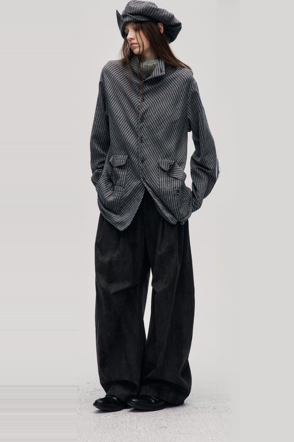 ILNya Nieternite Nifutur Striped Stand-Collar Long-Sleeve Shirt — full body