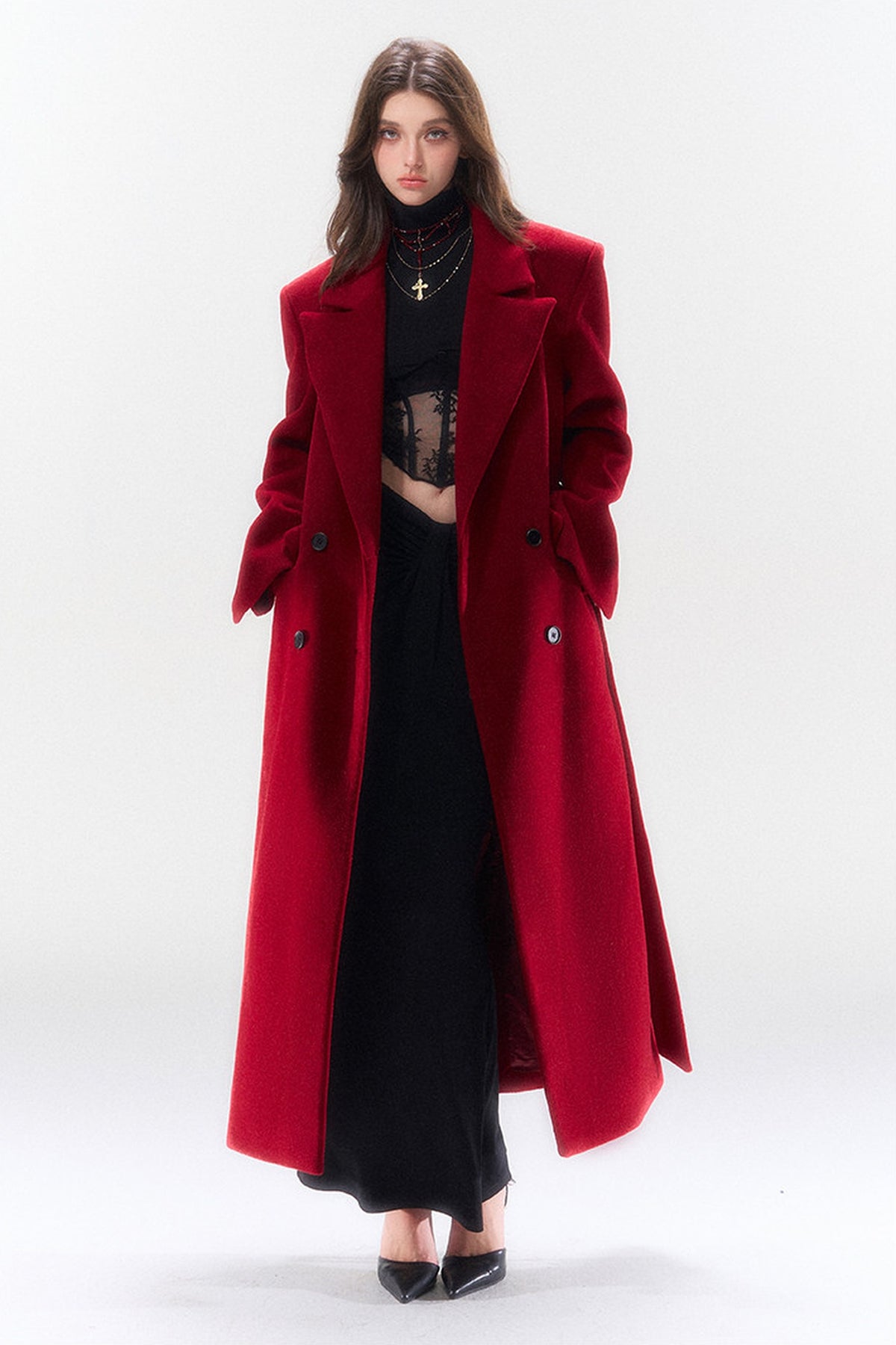 HIIMDAI Wool-Blend Cinched-Waist Lapel Long Coat — full body · Paris Red