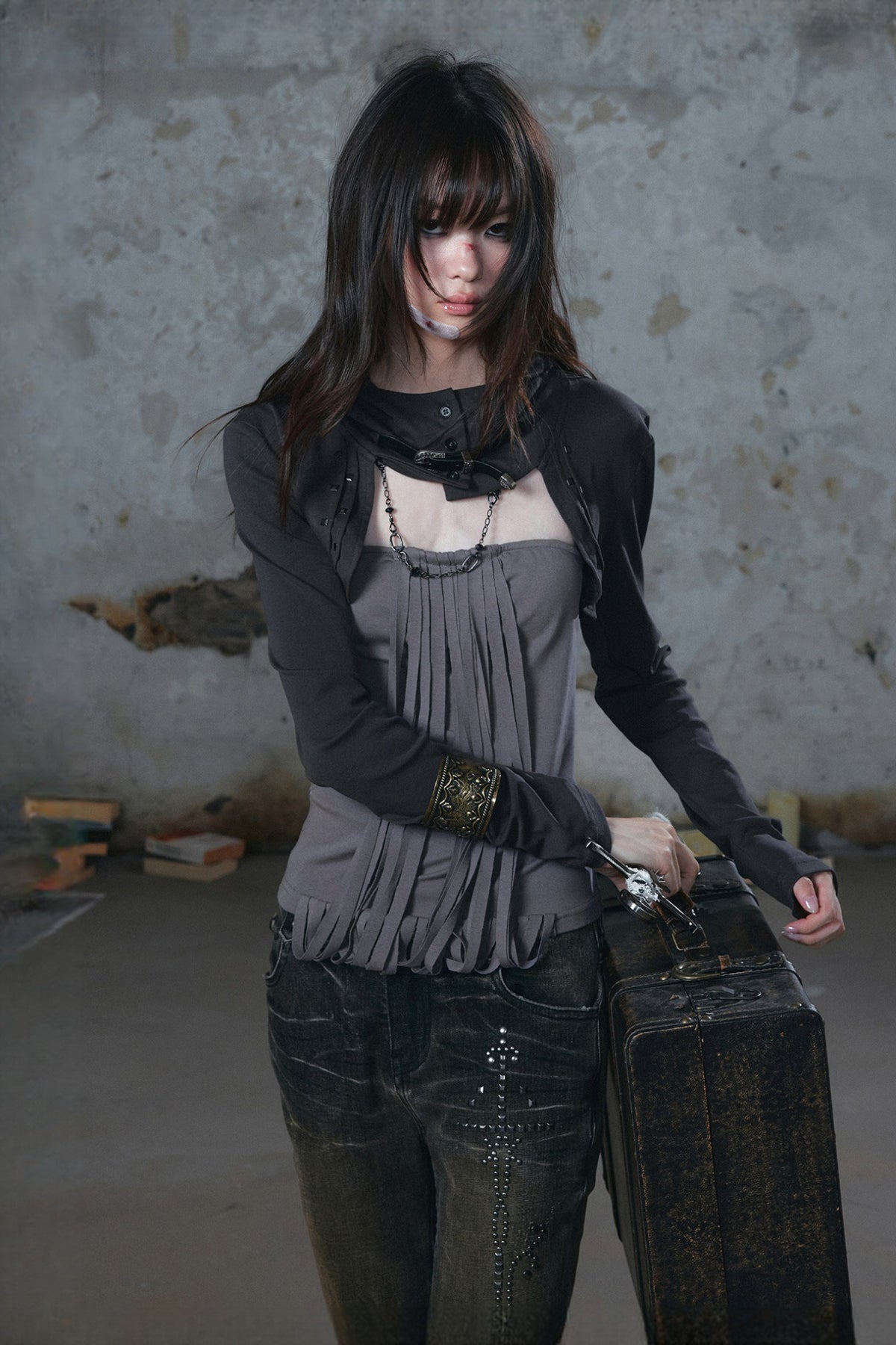 CESTNOUS Belted Frayed Studded Layered Hooded Long-Sleeve Tee — half body