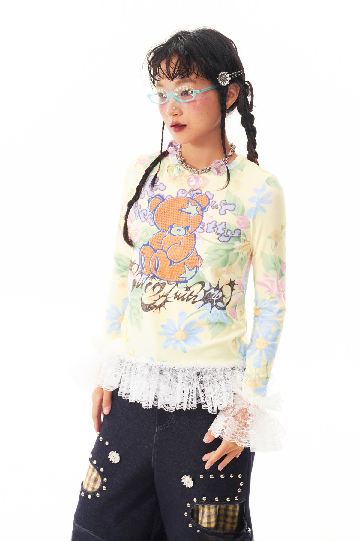 SILLYSIS Bear Graphic Lace-Trim Long-Sleeve Tee — half body