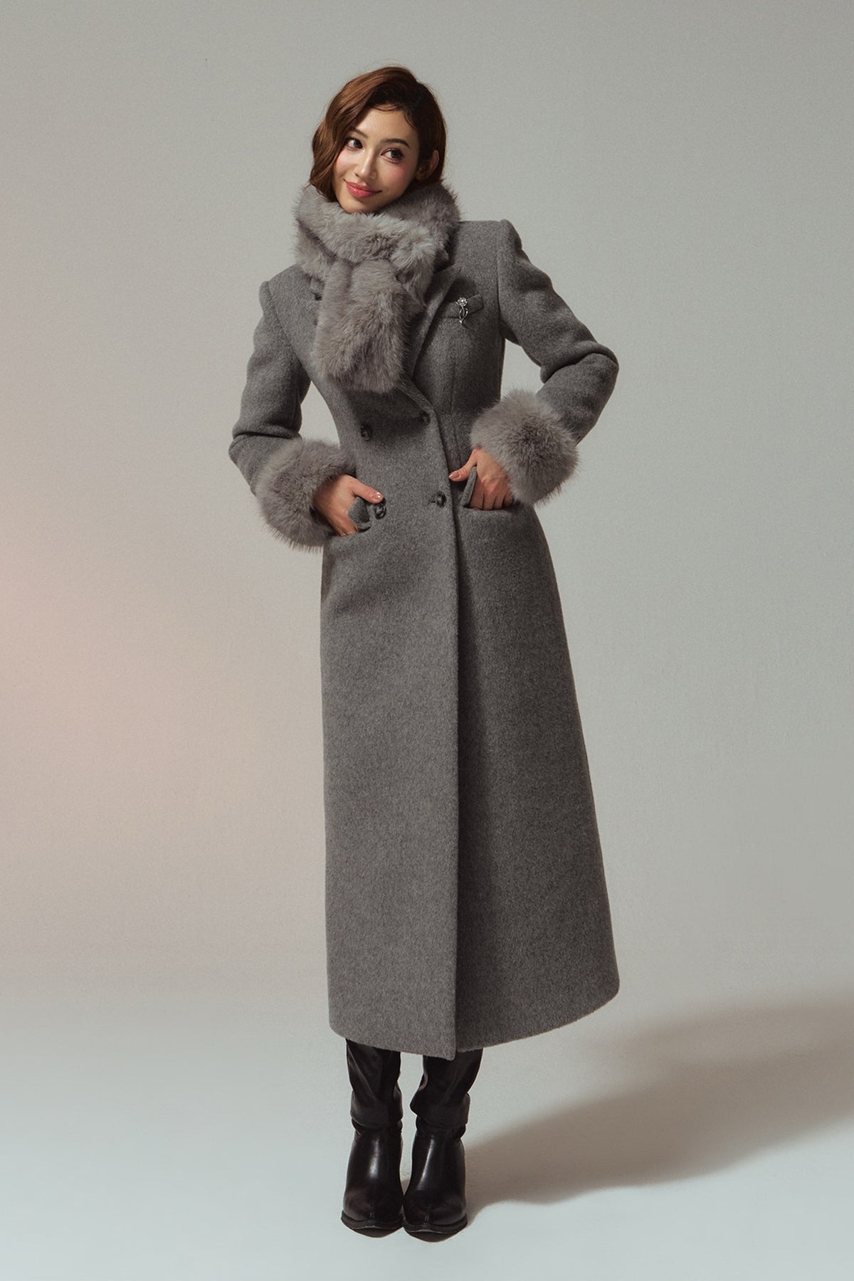 HIIMDAI 100% Wool Double-Faced Long Coat — full body · Lunar Silver Gray