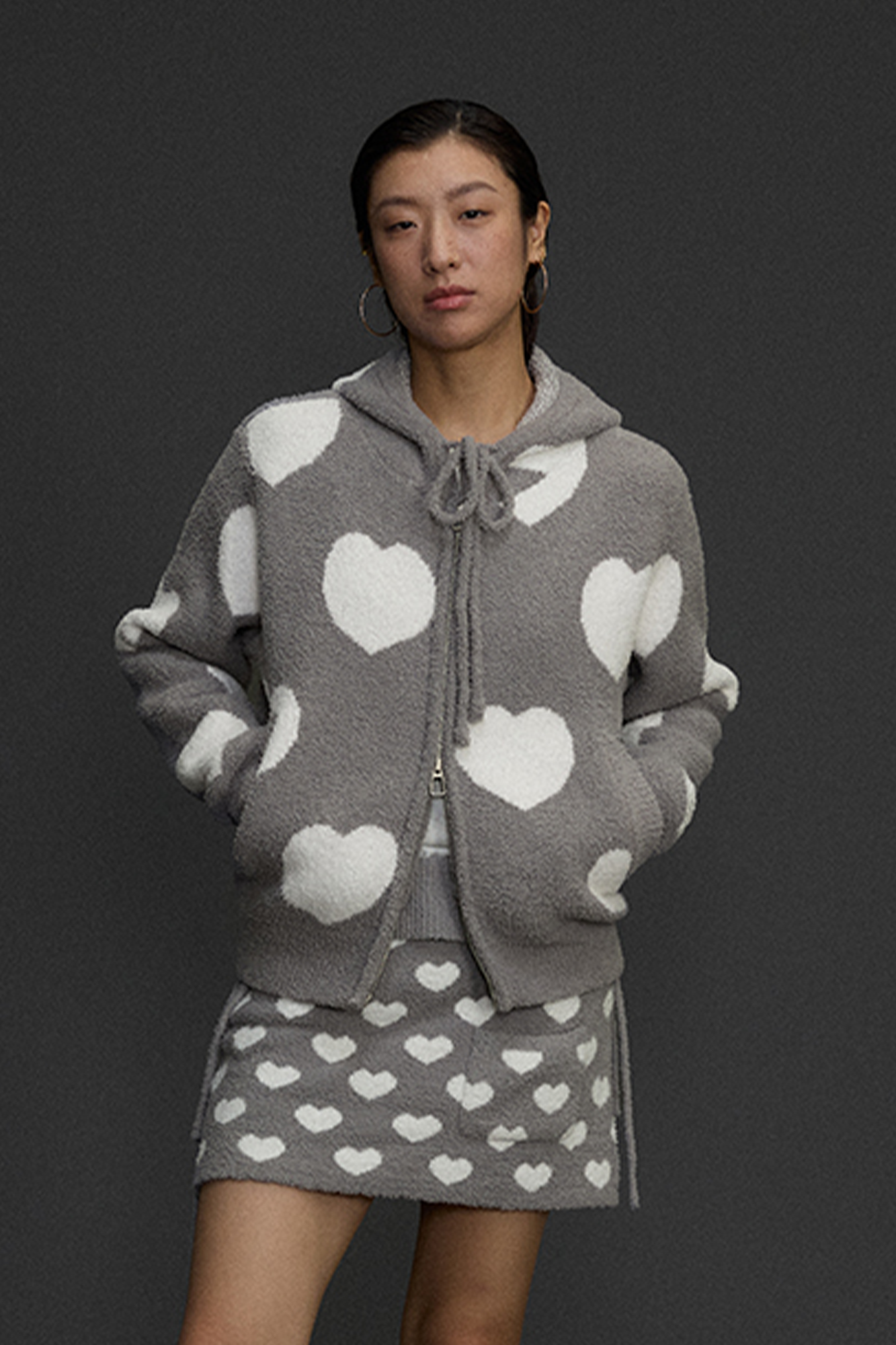 NIANJIUYIKOUER Fuzzy Heart Jacquard Zip-Up Hoodie Cardigan, premium urban and streetwear designers apparel on PROJECTISR.com, NIANJIUYIKOUER
