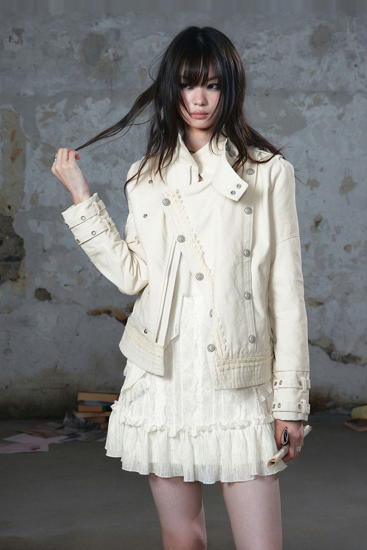 CESTNOUS Washed Lace-Trimmed Napoleon Collar Military Jacket — half body · Cream