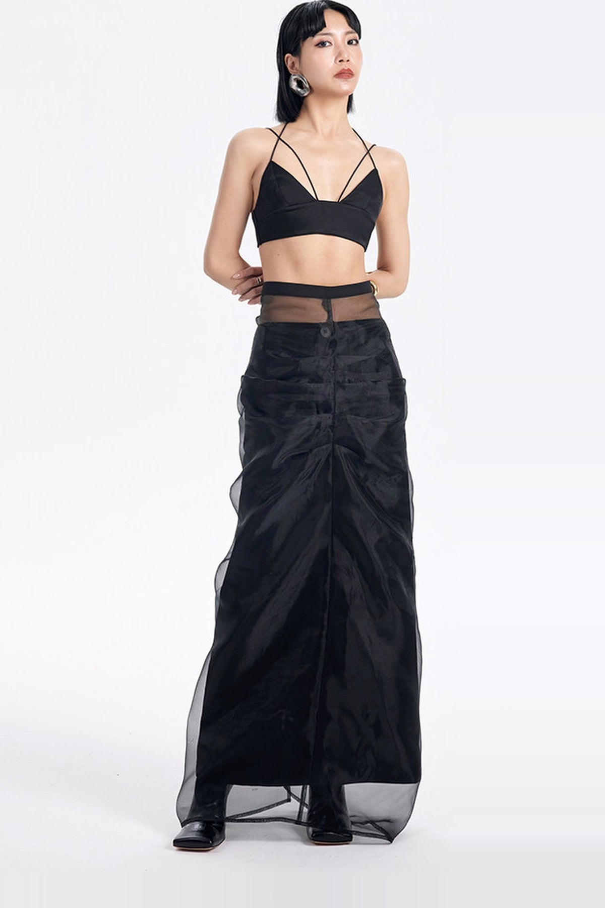 TINY IN STUDIO Pleated Mesh Maxi Skirt Two-Piece Set — full body