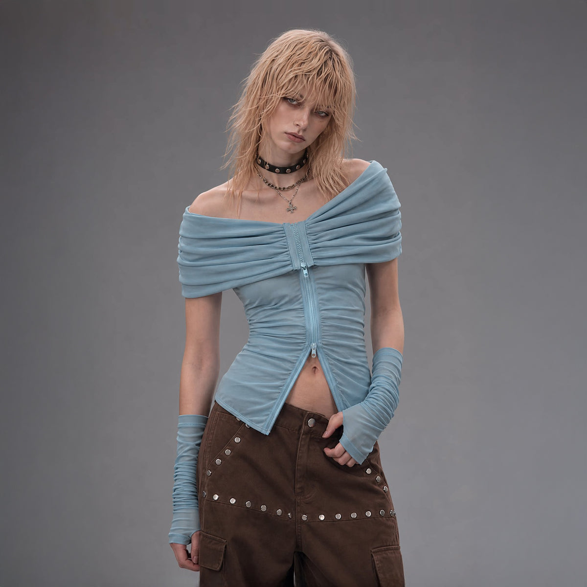 EMOHA Off-Shoulder Pleated Cinched-Waist Long-Sleeve Tee