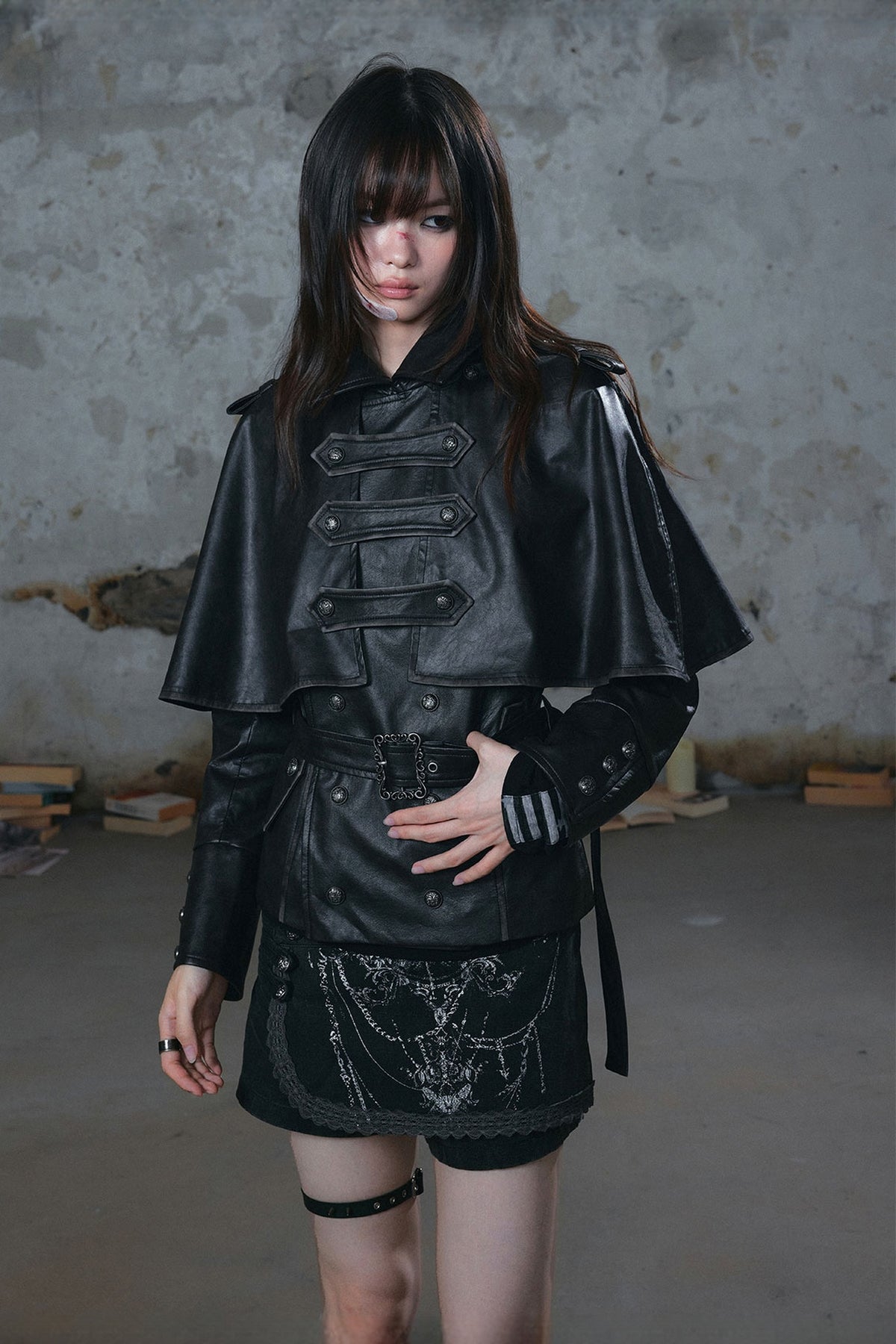CESTNOUS Retro Washed Detachable Cape Belted Faux Leather Jacket — half body