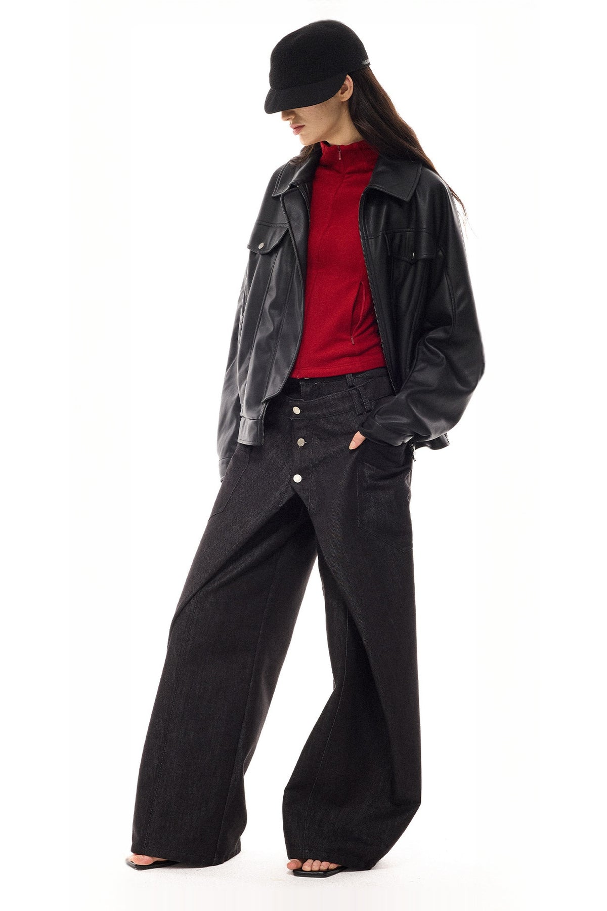 COSTUSTOOT Deconstructed Faux Two-Piece Curved Wide-Leg Black Jeans — full body