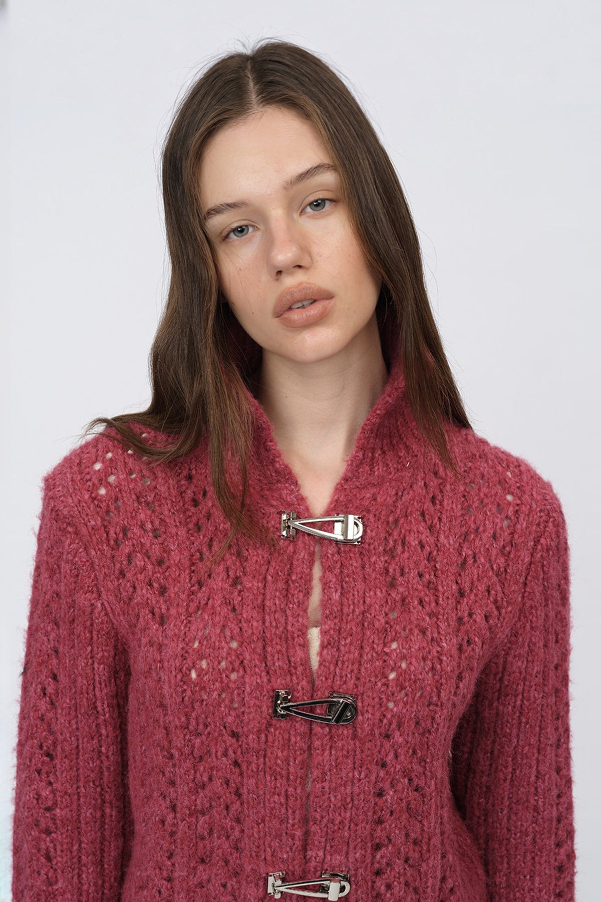 DOTYEARS Two-Tone Open-Knit Mock-Neck Cardigan — half body · Rose Pink