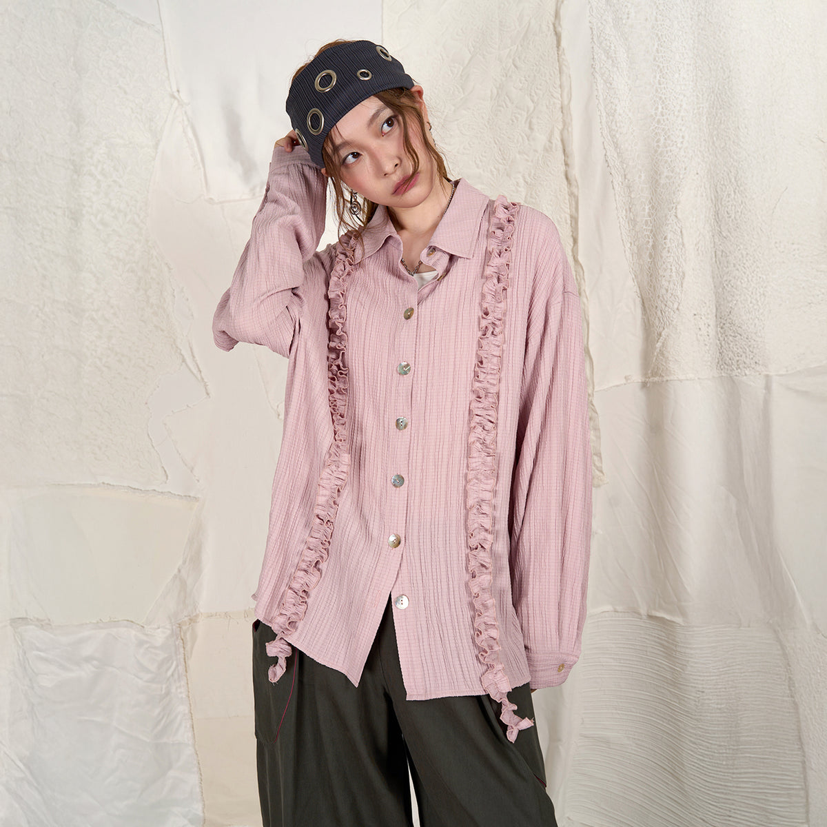HSUSE Ruffled Crinkle Shell-Button Oversized Shirt