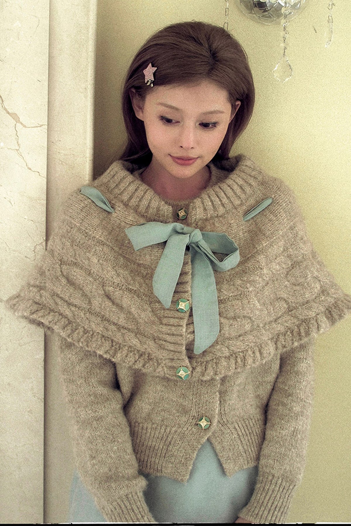 ANNIE ARMOR Cable-Knit Bow-Tie Cape Two-Piece Cardigan