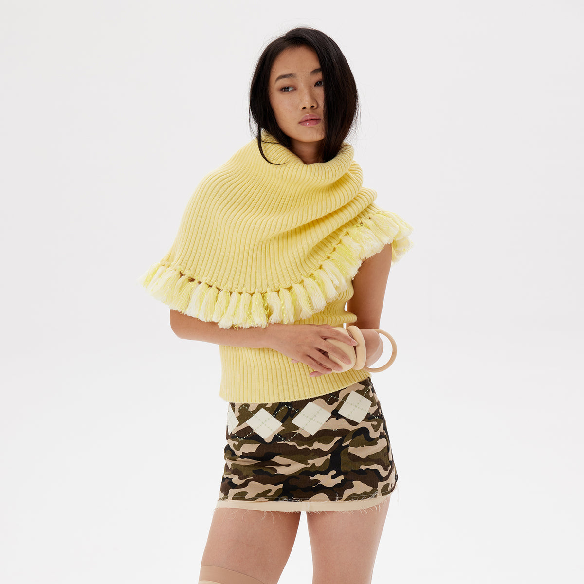 9266 STUDIO Tassel Trim Draped Turtleneck Knit Top