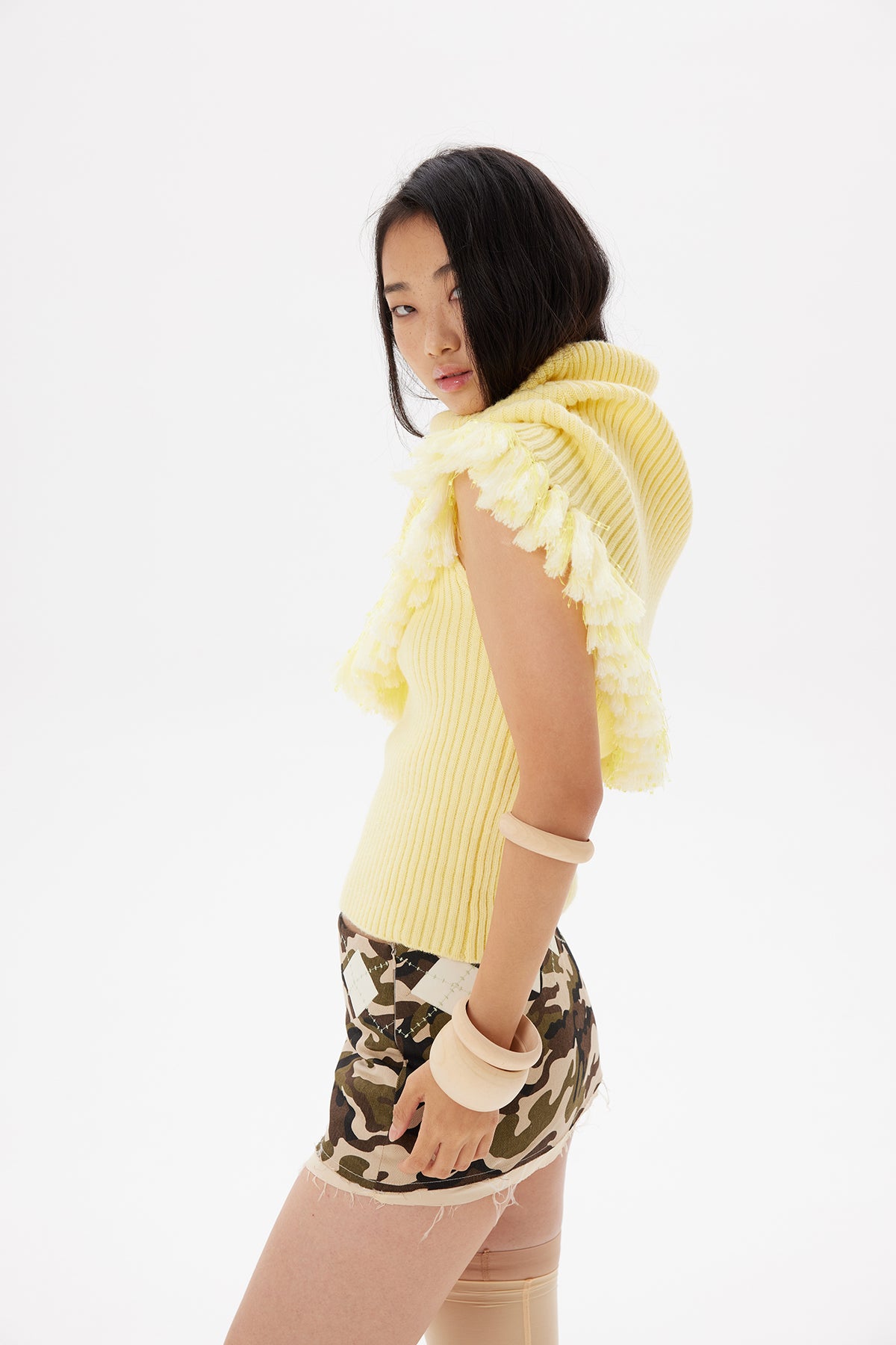 9266 STUDIO Tassel Trim Draped Turtleneck Knit Top