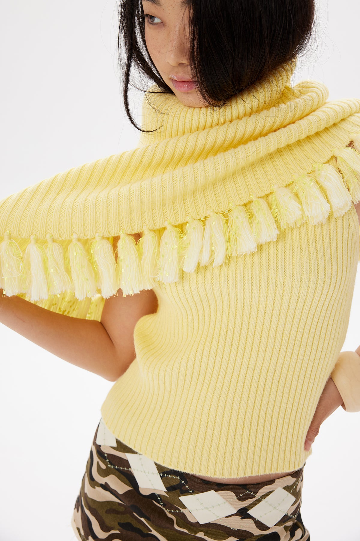 9266 STUDIO Tassel Trim Draped Turtleneck Knit Top