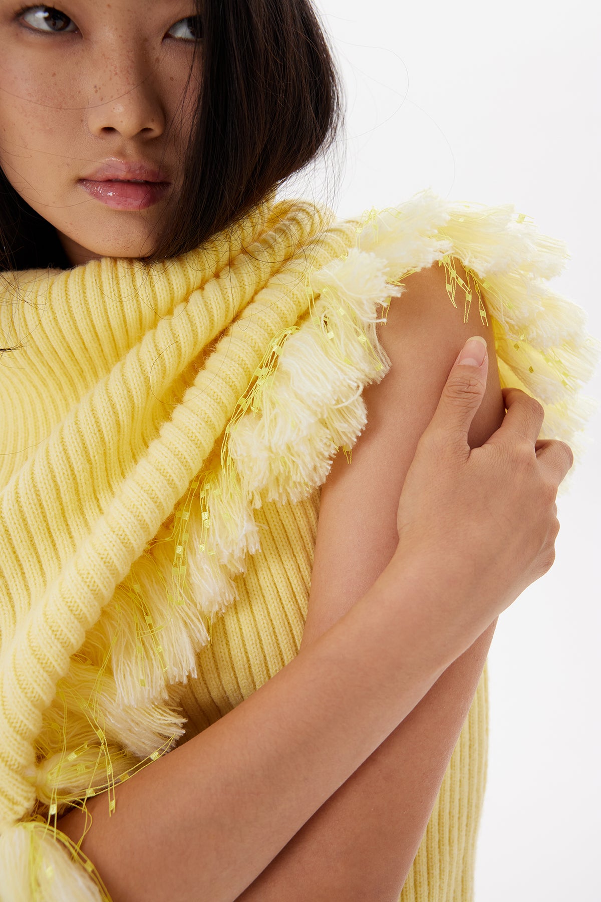 9266 STUDIO Tassel Trim Draped Turtleneck Knit Top