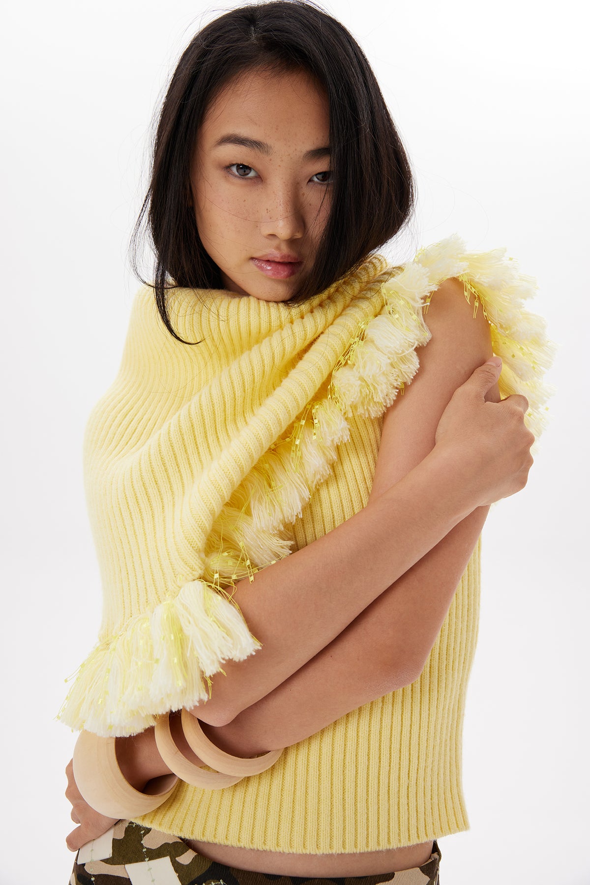 9266 STUDIO Tassel Trim Draped Turtleneck Knit Top
