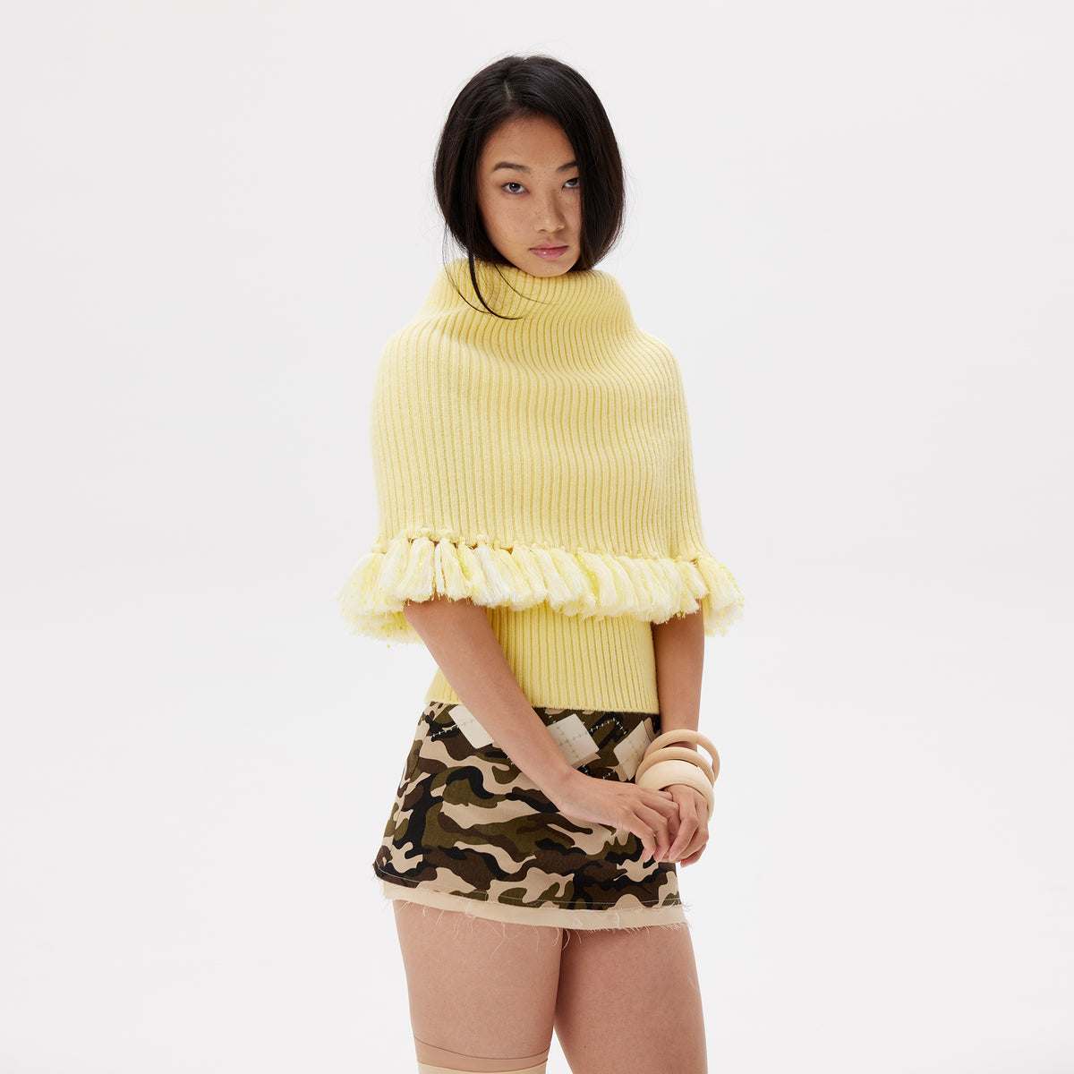 9266 STUDIO Tassel Trim Draped Turtleneck Knit Top