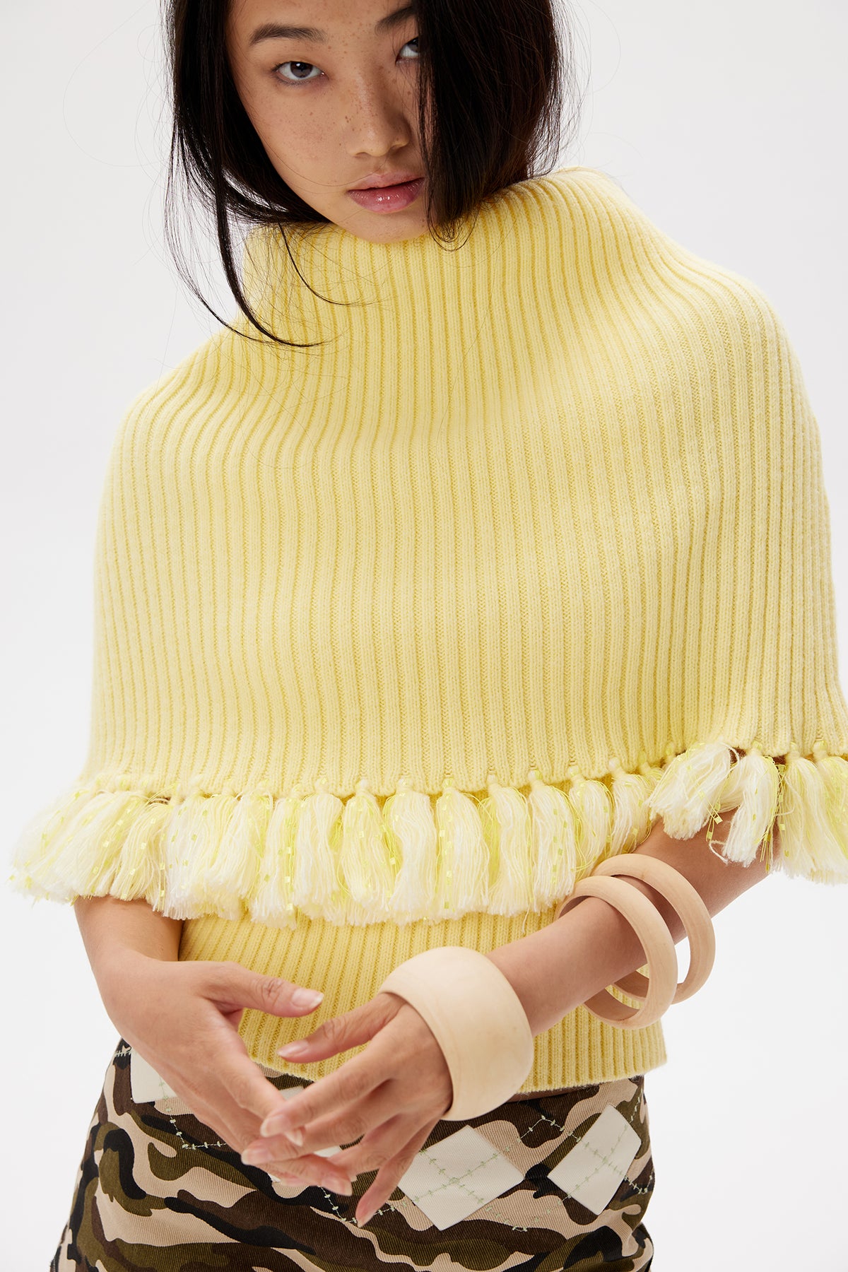 9266 STUDIO Tassel Trim Draped Turtleneck Knit Top