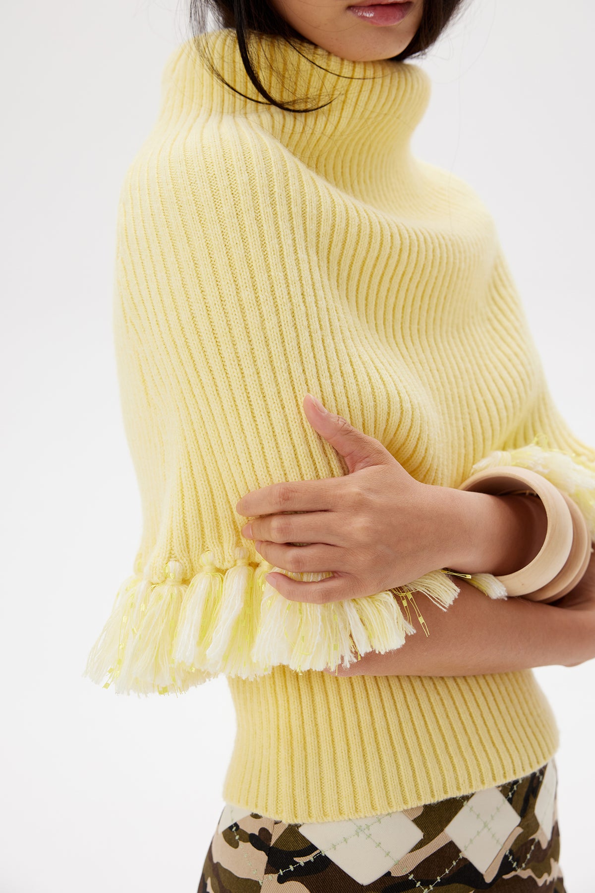 9266 STUDIO Tassel Trim Draped Turtleneck Knit Top