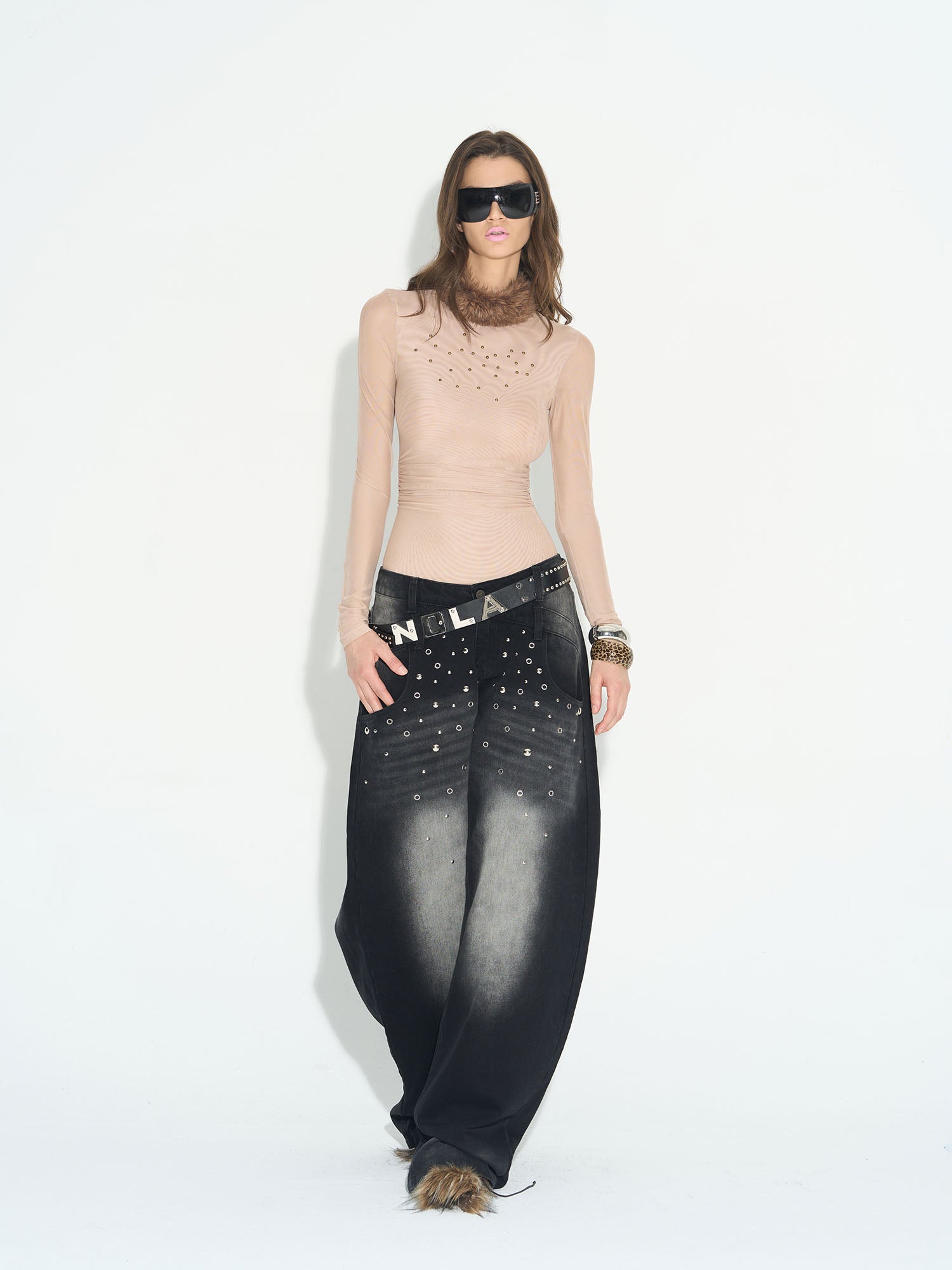 NEVER OFFEND L ANGEL Faux-Fur Collar Rivet Mesh Ruched Top