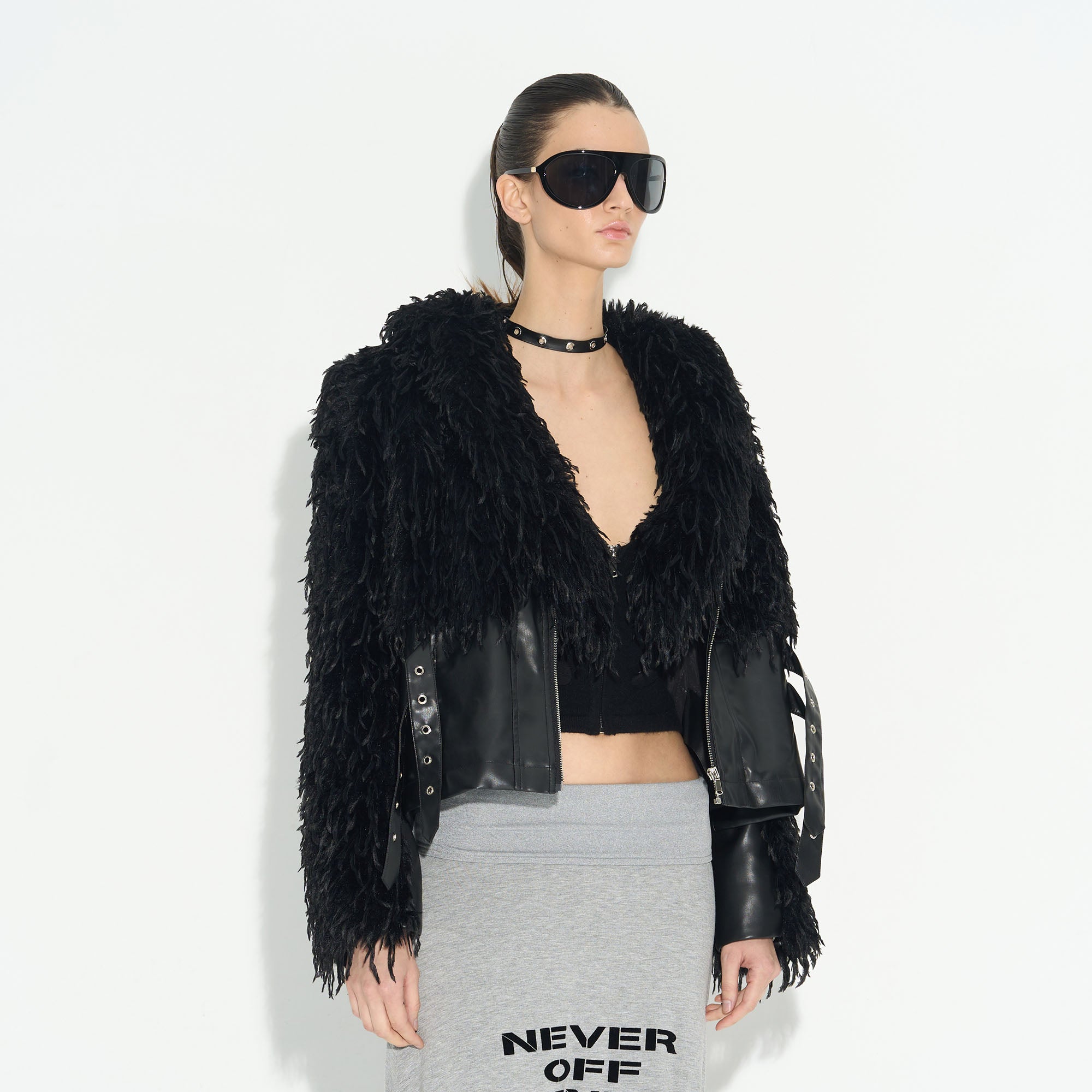 NEVER OFFEND L ANGEL Waisted Faux-Fur Spliced Faux Leather Jacket