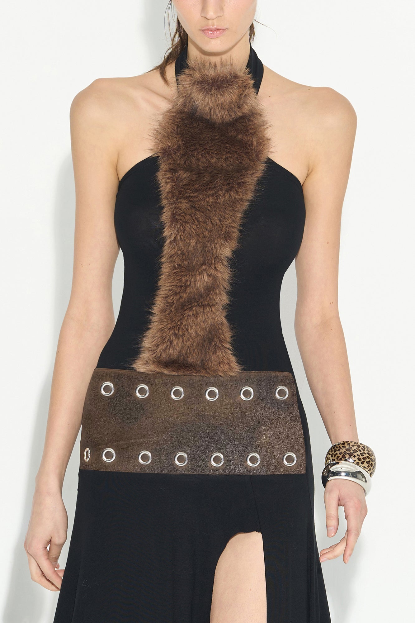 NEVER OFFEND L ANGEL Faux-Fur Panel Halter Gown