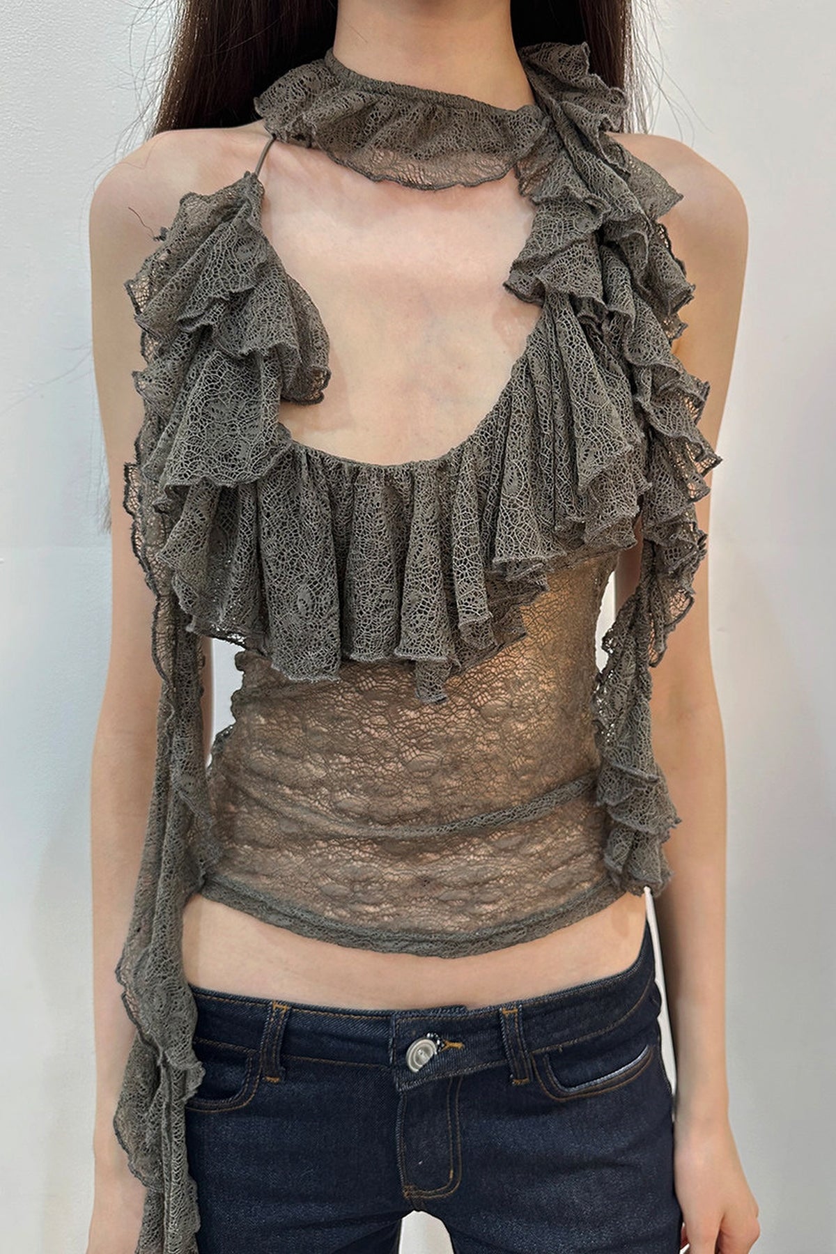 DOTYEARS Two-Tone Lace Spliced Halter Top — half body · Gray