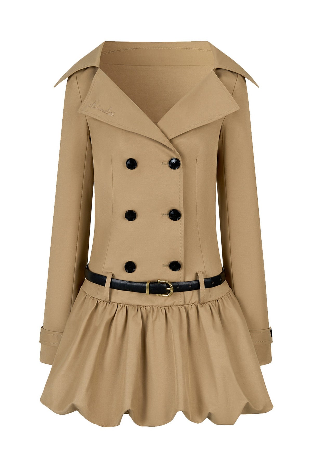 HIIMDAI Retro Double-Breasted Lapel Puff-Skirt Cinched Waist Dress — flat lay