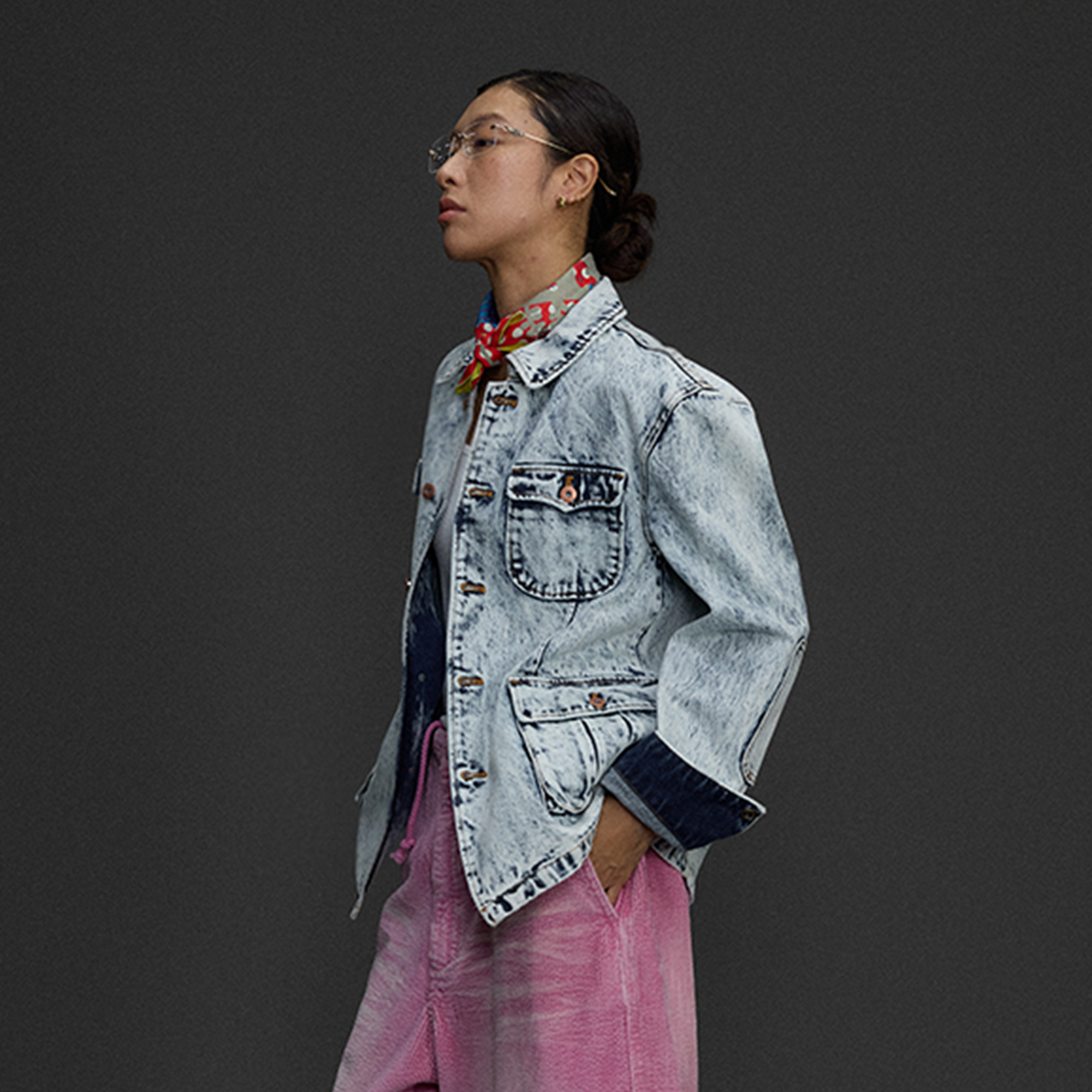 NIANJIUYIKOUER Snow-Washed Stand-Collar Denim Workwear Jacket, premium urban and streetwear designers apparel on PROJECTISR.com, NIANJIUYIKOUER