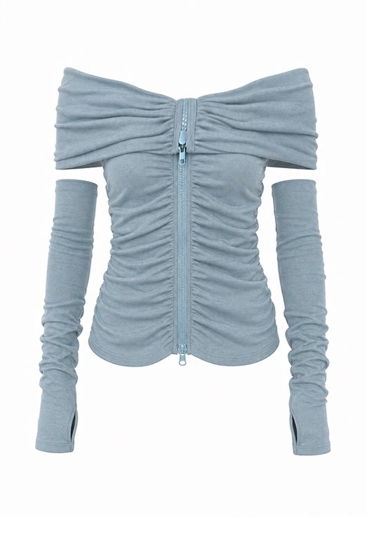 EMOHA Off-Shoulder Pleated Cinched-Waist Long-Sleeve Tee — flat lay