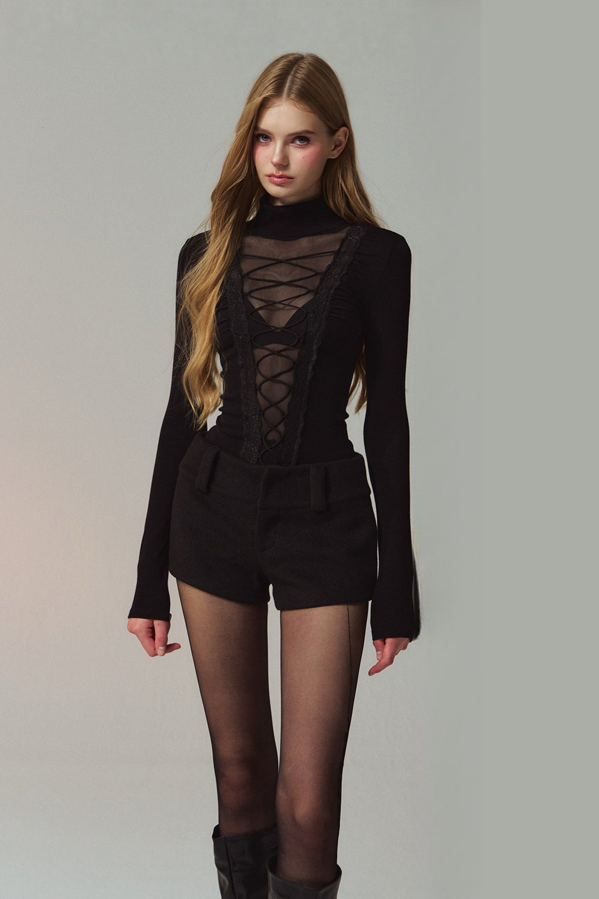 HIIMDAI Lace-Spliced Mesh Tie-Up Long-Sleeve Tee — half body · Classic Black