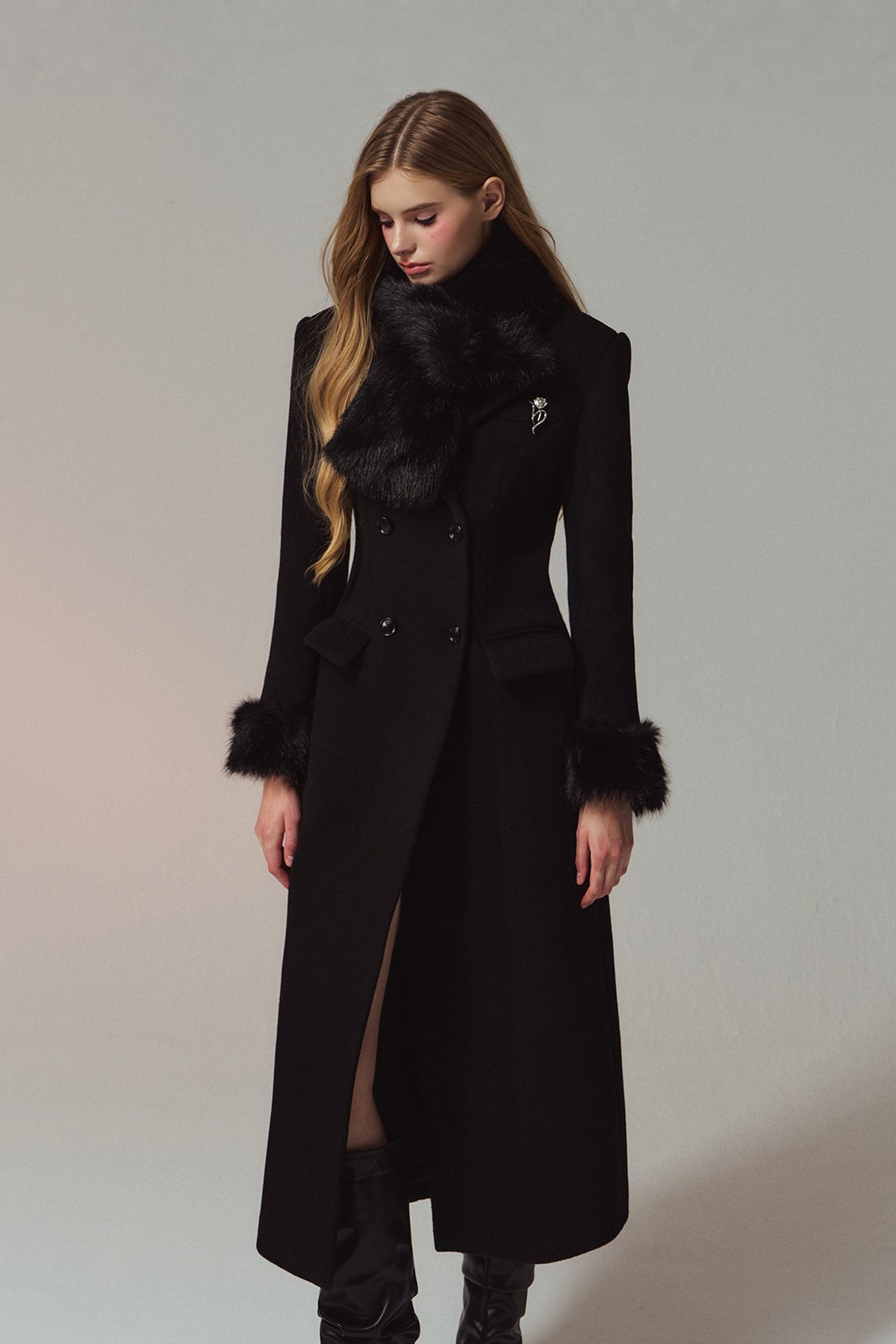 HIIMDAI 100% Wool Double-Faced Long Coat — half body · Classic Black